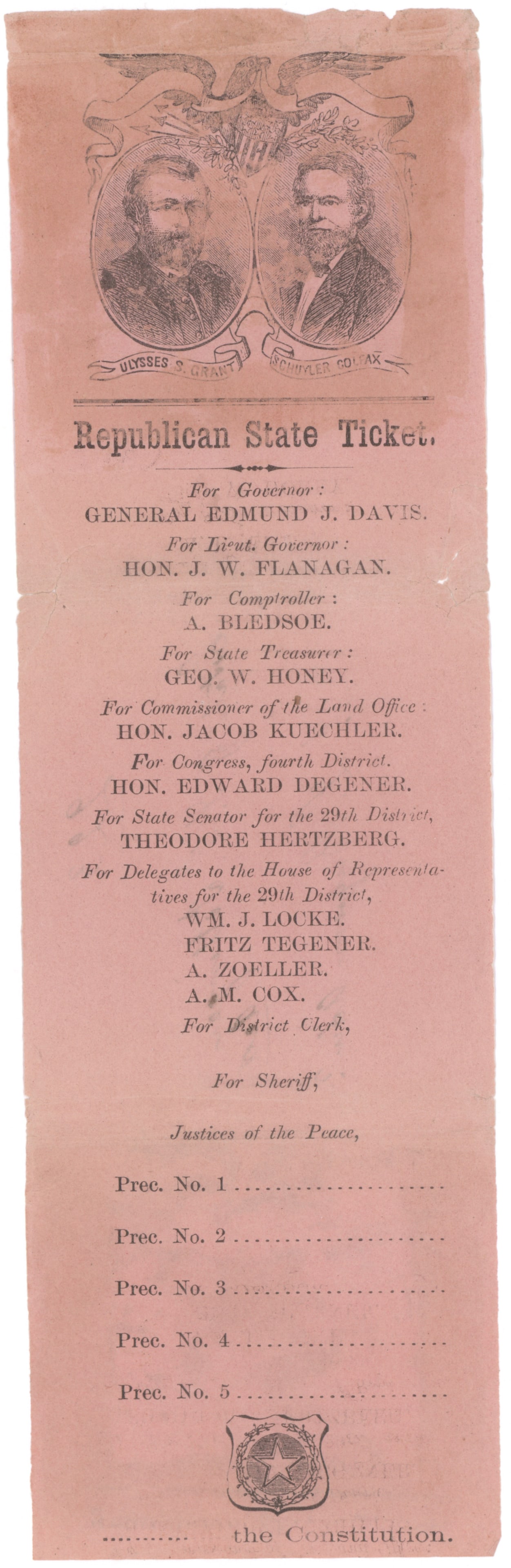 REPUBLIC OF TEXAS BALLOT, 1869: Printed pictorial document, 3 in. x 10 in., 1869, titled ‘Republican State Ticket’ and listing political candidates for governor (Edmund J. Davis), lieutenant governor (J. W. Flanagan),