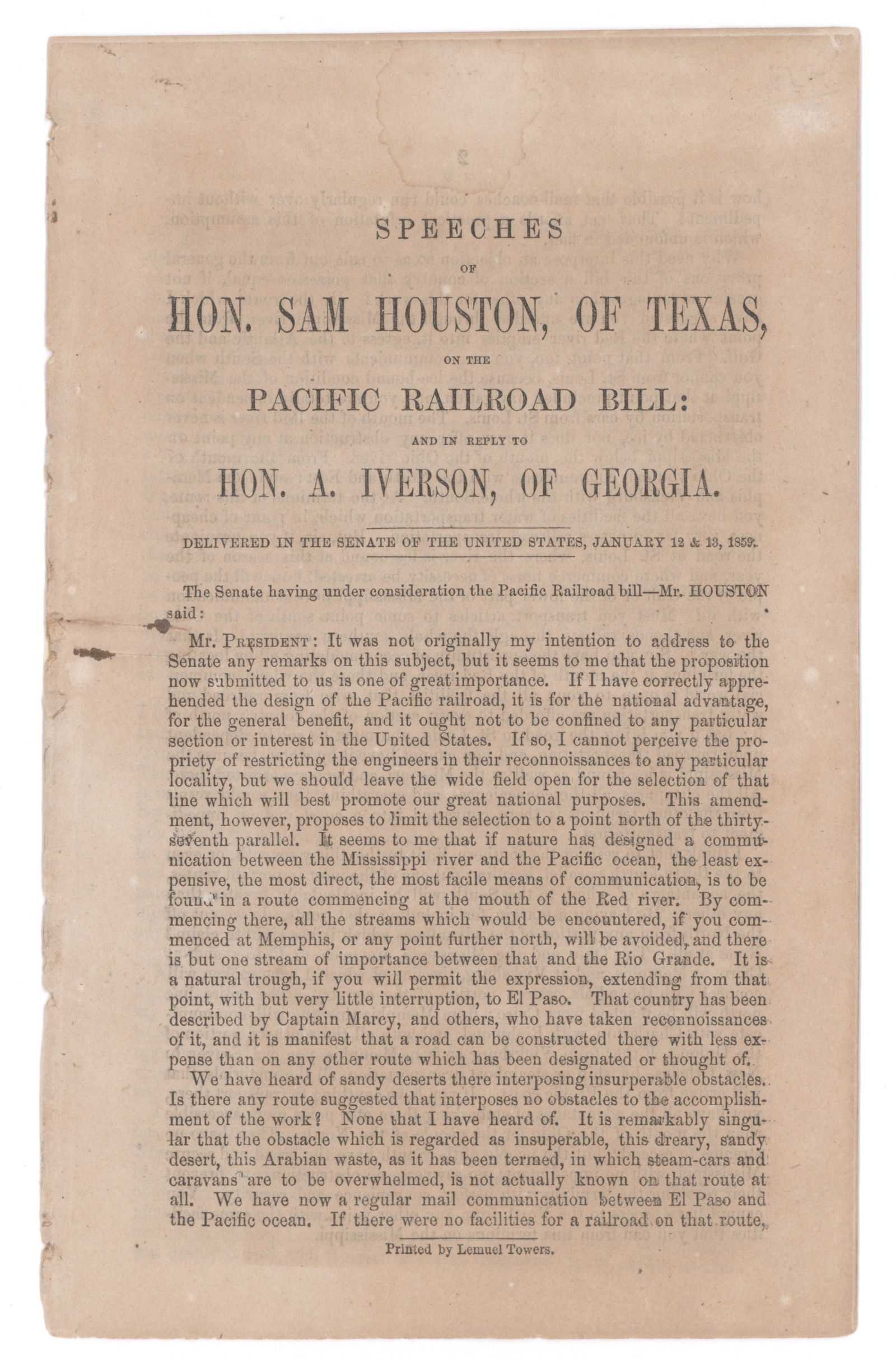 (SAM HOUSTON SPEECHES): (1793 - 1863) American soldier and politician, defeated Santa Anna at San Jacinto and became first president of the Republic of Texas. Scarce imprint ‘Speeches of Hon. Sam Houston, of Texas, on