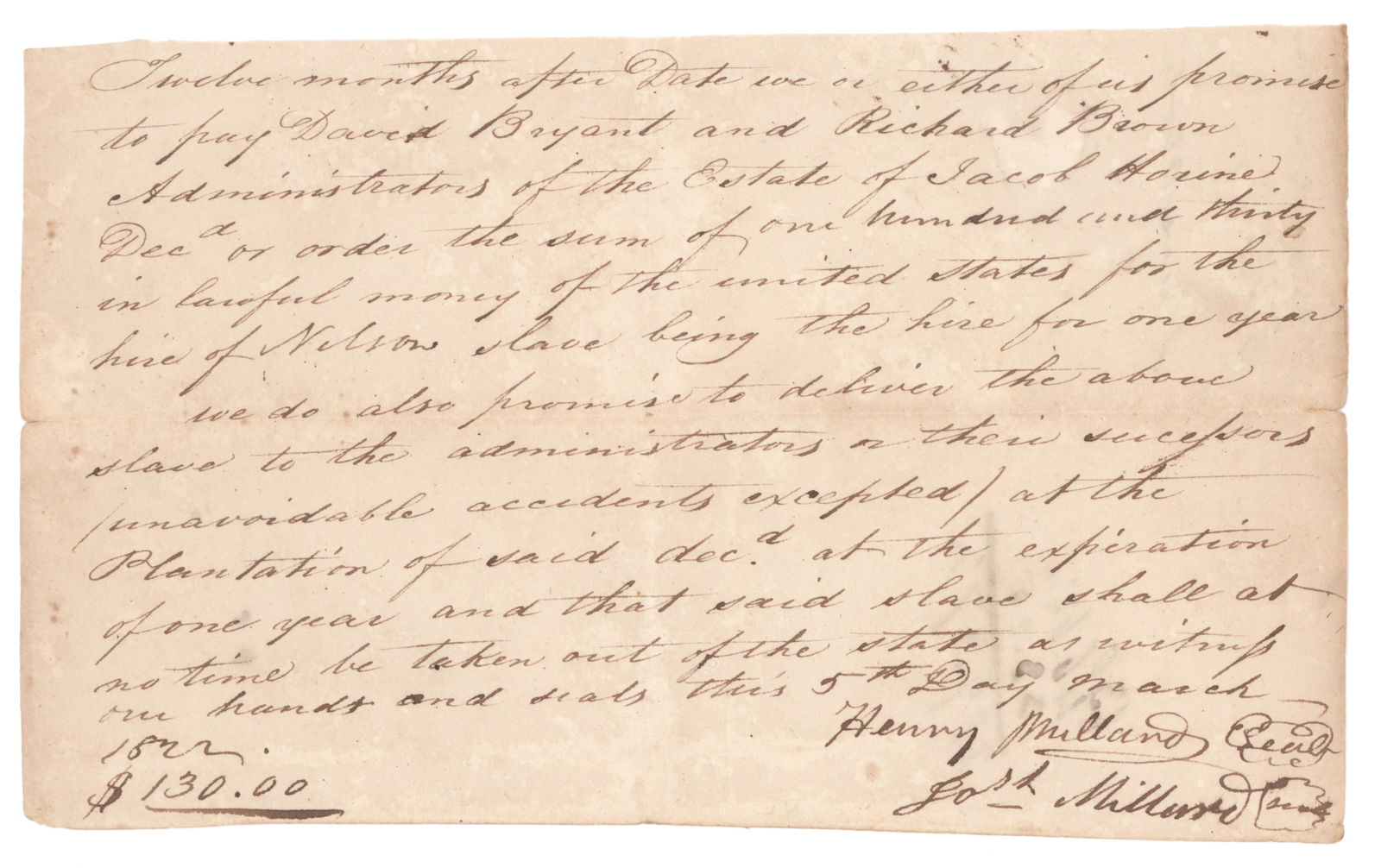 THE FOUNDER OF BEAUMONT, TEXAS HIRES SLAVE: HENRY MILLARD (ca. 1796-1844) American military officer and public servant who, in 1835, founded the city of Beaumont. The following year, Millard commanded a battalion in the Battle of San Jacinto an