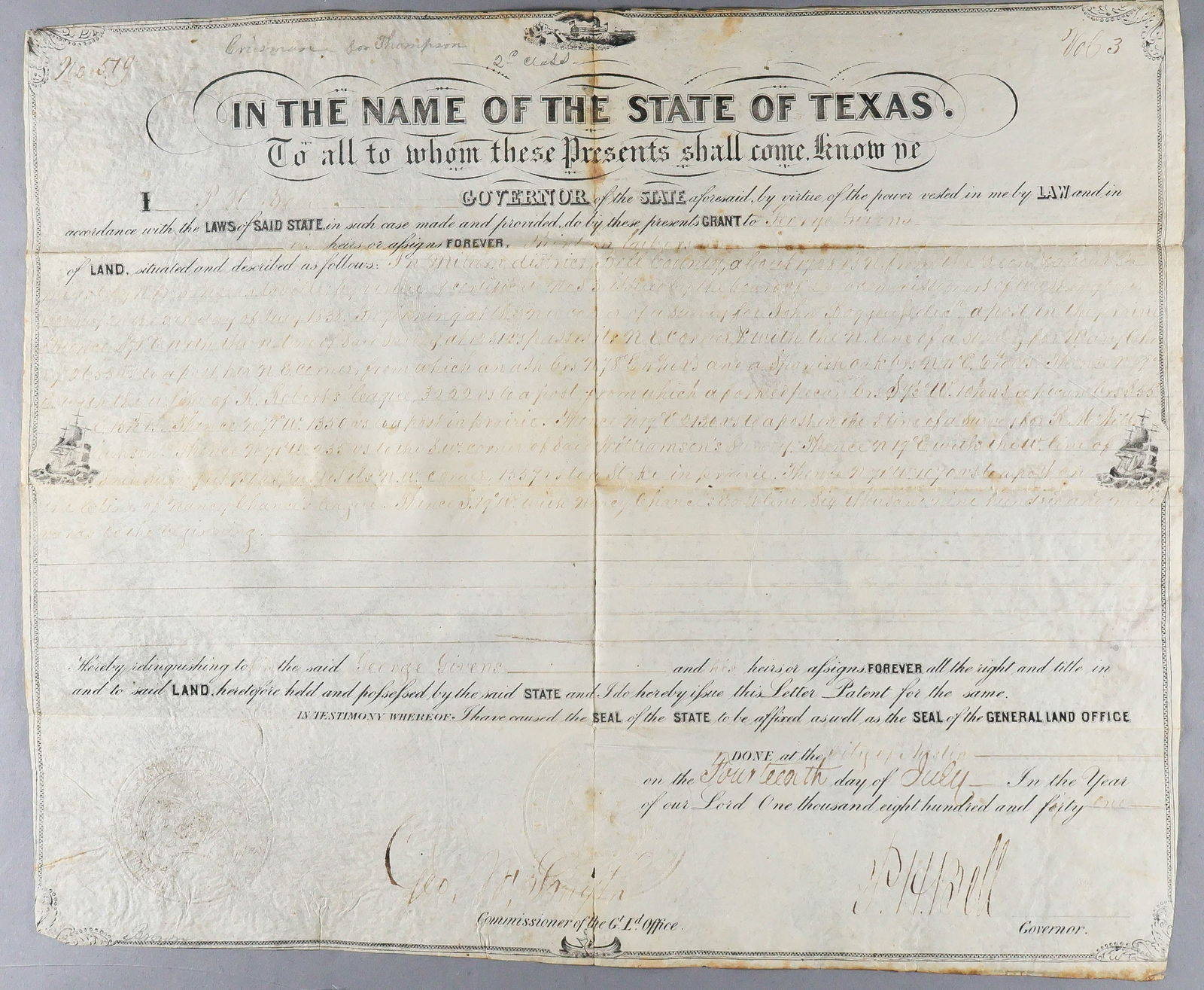 (EARLY TEXAS): PETER H. BELL (1812-1898) American soldier known for his role during the battle of Buena Vista and later the governor of Texas from 1849-1853, and Member of Congress, serving from 1853-1857. Partly-pr