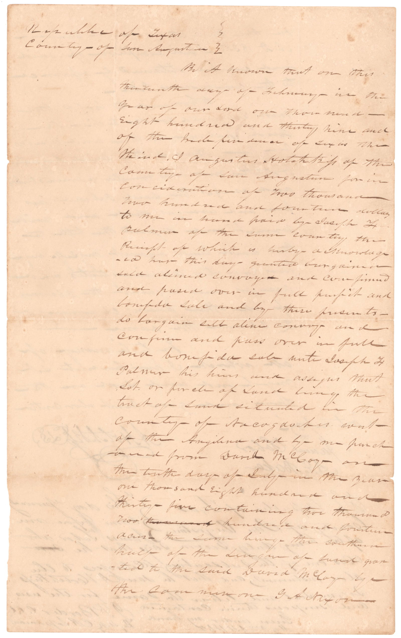 (TEXAS) 1839 NAGODOCHES LAND GRANT: Partly-printed D.S. 2pp. legal folio, County of San Augustine, Feb. 13, 1839, in which Augustus Hotchkiss, the first judge and chief justice of San Augustine, grants land in Nacogdoches to Joseph H.