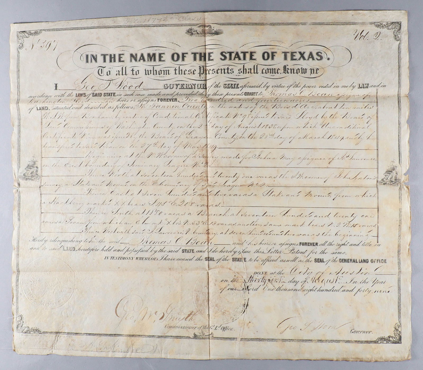 (TEXAS) GEORGE T. WOOD: GEORGE T. WOOD (1795 – 1858) American military officer and politician who served as the 2nd Governor of Texas. He represented Liberty County during the convention which wrote the state