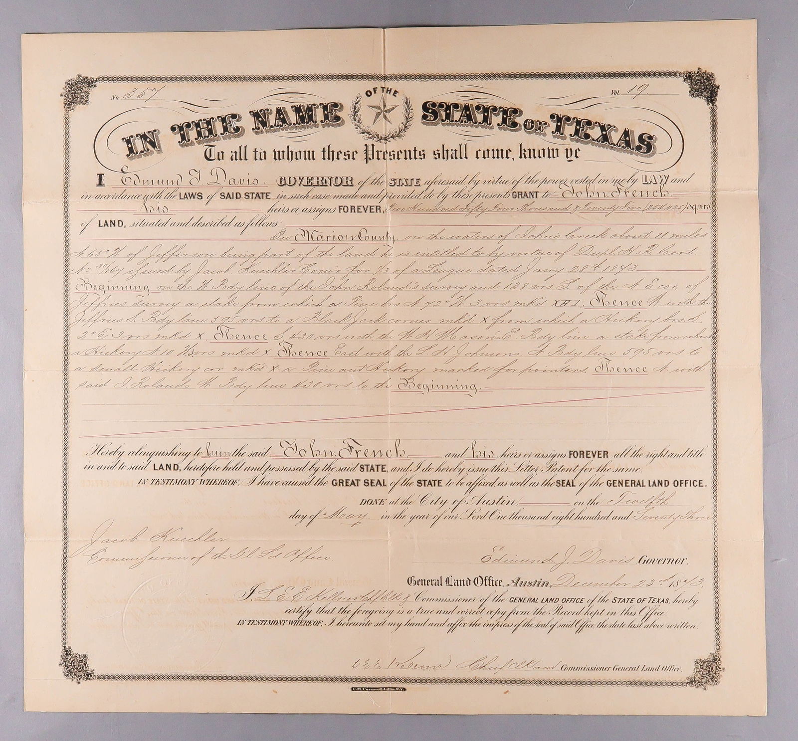 (TEXAS) EDMUND J. DAVIS: EDMUND J. DAVIS (1827-1883) Union general, served as the 14th Governor of Texas during the Reconstruction Era, and is notable for his support of African-American civil and legal rights.