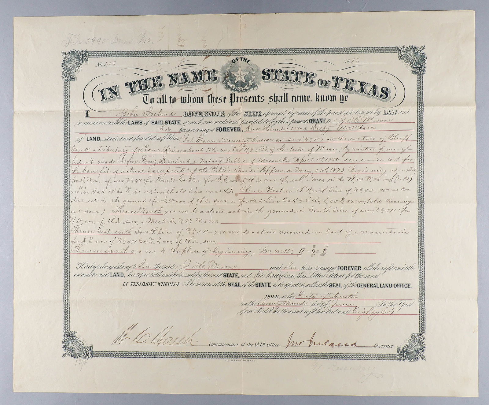 (TEXAS) JOHN IRELAND: JOHN IRELAND (1827 - 1896) 18th Governor of Texas, served as a colonel in the Confederate Army, later elected to the Texas House, and briefly sat on the Texas Supreme Court before being elected the