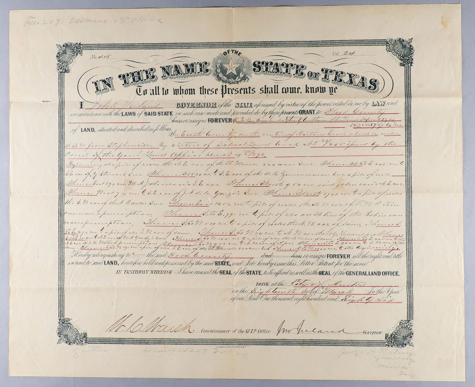 (TEXAS) JOHN IRELAND: John Ireland was the Governor of Texas for the entirety of 1886. A Democrat, he served from 1883 to 1887, having been elected in 1882 and 1884. His administration was notable for managing public
