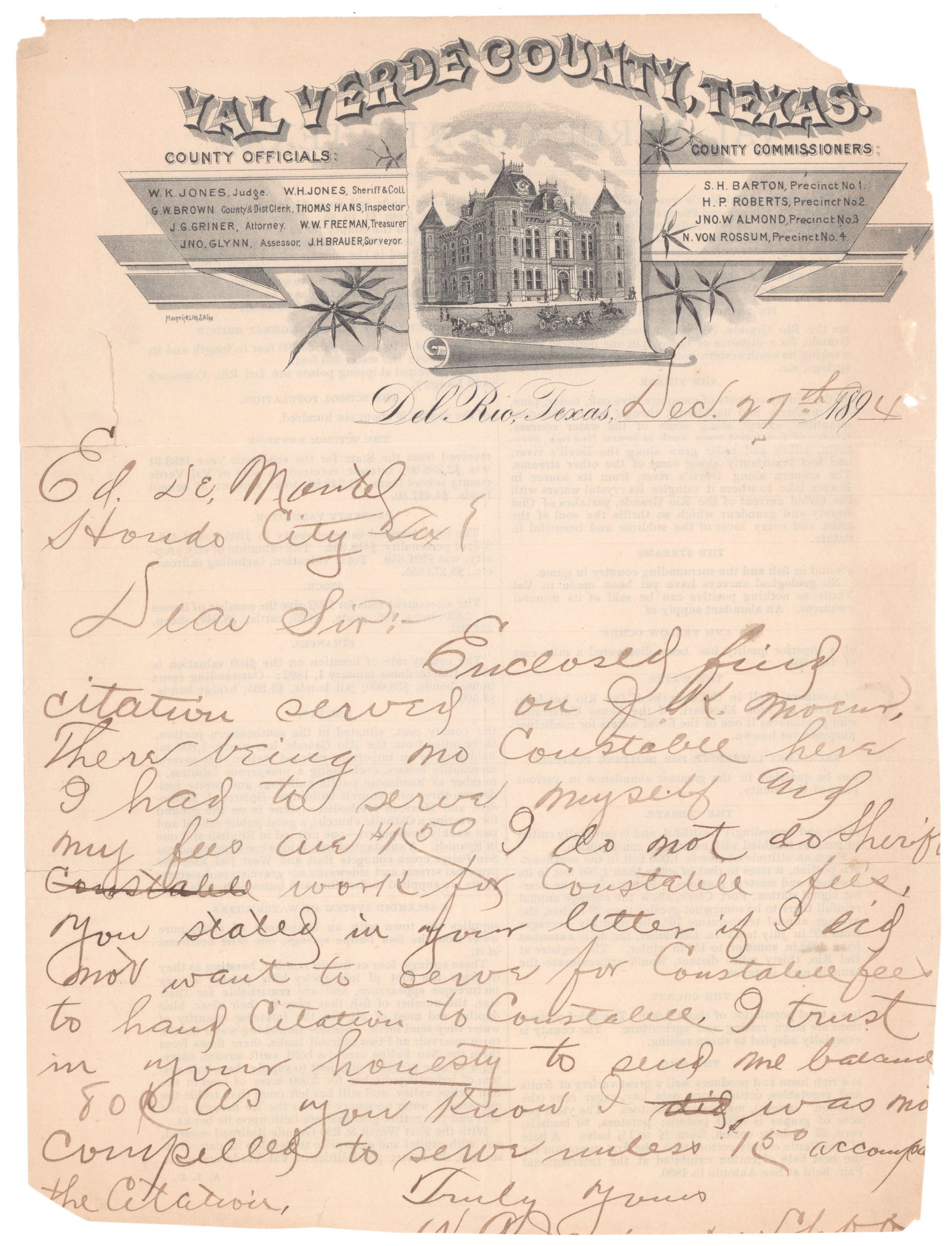 (VAL VERDE, TEXAS): Early broadside, 8 x 10.5 in., [n.d. but 1894], printed on one side of a sheet of illustrated letterhead from the office of Val Verde County Commissioners. The announcement, titled ‘Val Verde