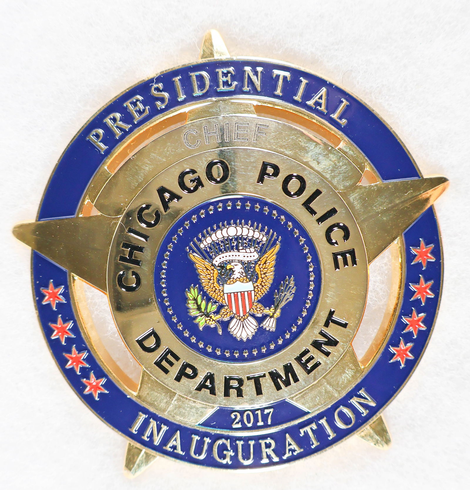 CHICAGO POLICE CHIEF'S 2017 PRESIDENTIAL INAUGURATION BADGE: Unique badge custom-made for Chicago Superintendent of Police EDDIE JOHNSON to wear upon his uniform on Jan. 20, 2017 for the inauguration of incoming president Donald Trump. This impressive gold