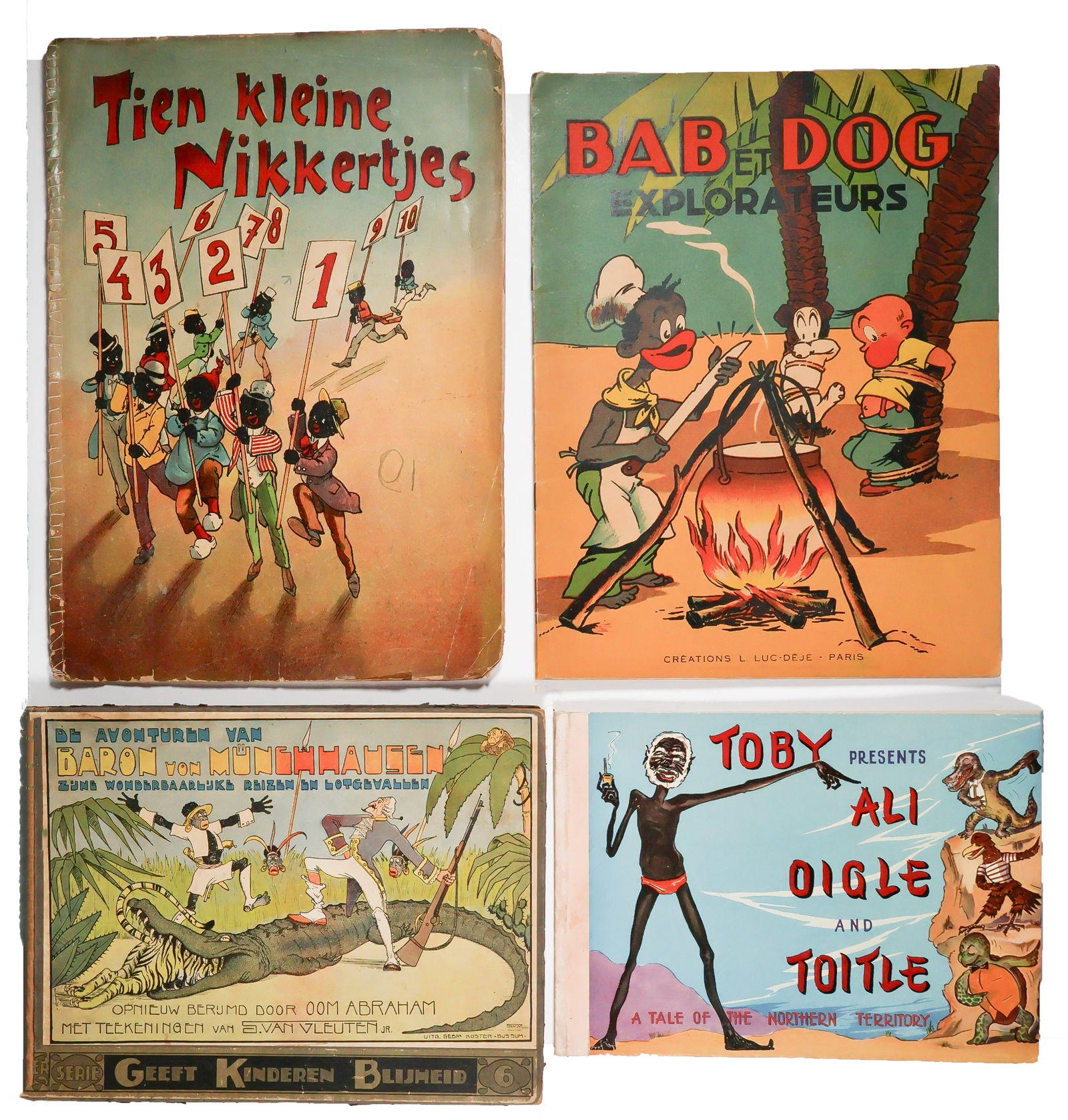 VINTAGE RACIST CHILDREN’S BOOKS (4): A lot of four books in various formats, each with time-worn racist, colonialist imagery and demeaning content towards Black Africans and natives. Includes: ‘Ali Oigle and Toitle: A Tale of the