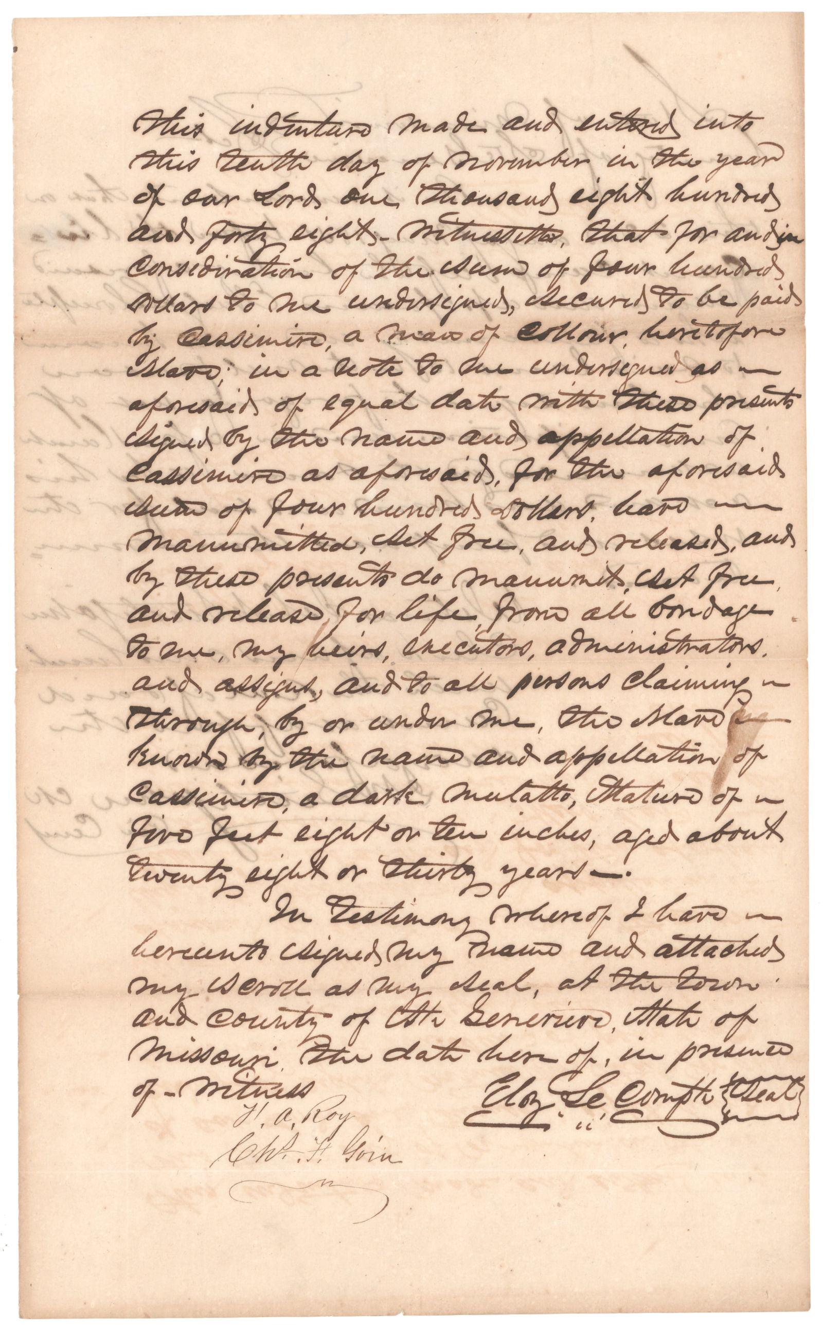 SLAVE MANUMISSION: Manuscript D.S. 2pp. legal folio, St. Genevieve, MO, Nov. 1848, recording the emancipation of the slave Cassimire who, in consideration of the sum of $400.00, will be ‘…manumitted, set fre