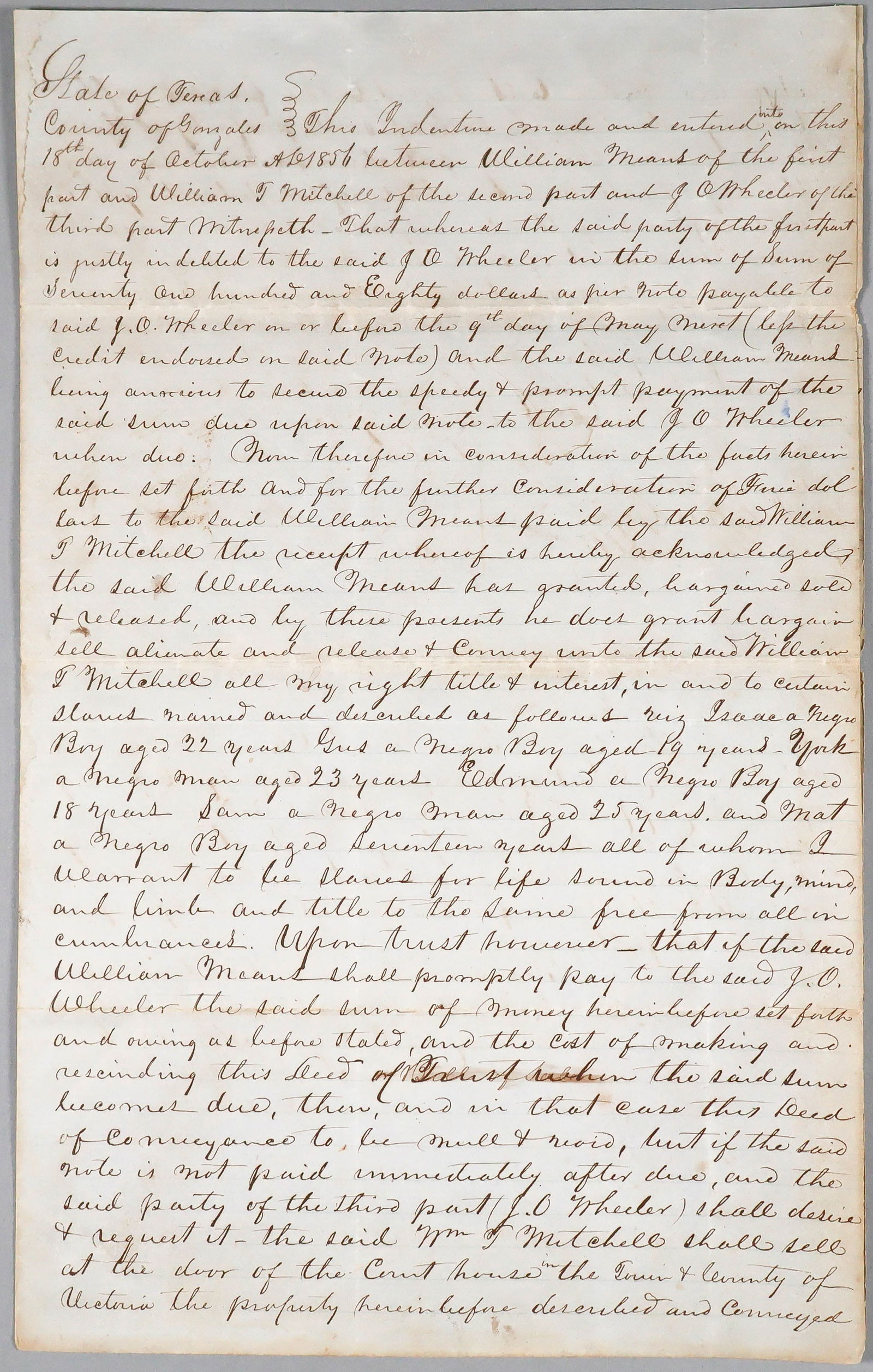 SIX SLAVES BILL OF SALE: A lengthy manuscript D.S. 3pp. legal folio, Gonzales, TX, Oct. 18, 1856, a highly-detailed bill of sale for a number of male slaves: ‘Isaac a Negro Boy aged 22 years Gus a Negro Boy aged 25 year