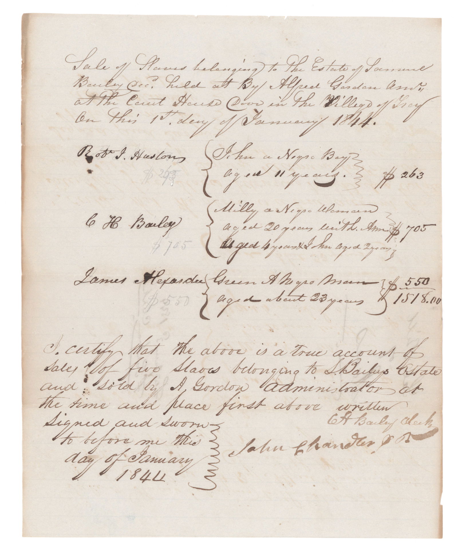 FOUR SLAVES BILL OF SALE: Manuscript D.S. 1p. 4to., Troy, MS, Jan. 1, 1844, a bill of sale in which the estate of Samuel Bailey sells to A. Gordon: ‘John a Negro Boy aged 11 years’ for $263.00, ‘Milly a