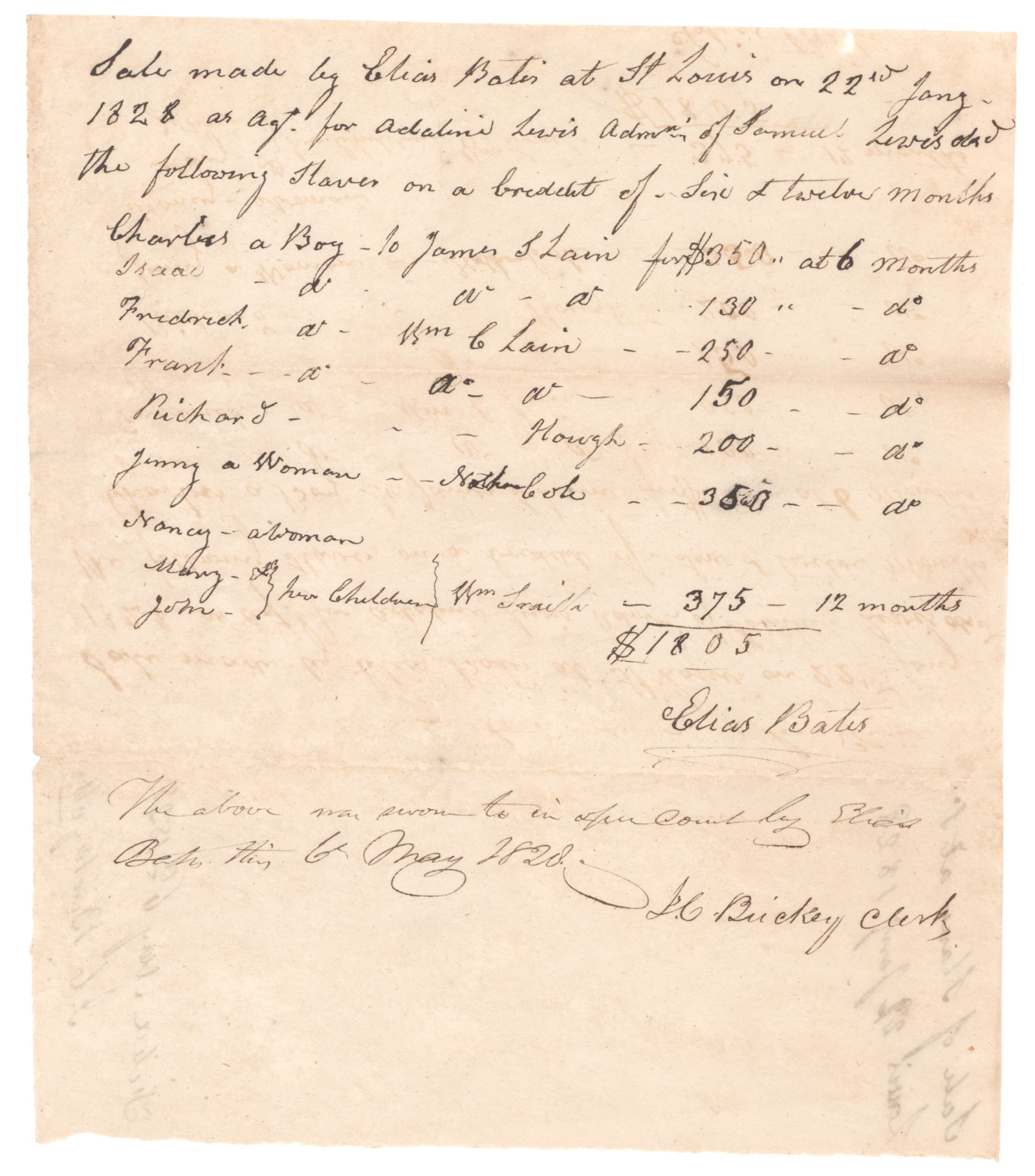 SLAVES BILL OF SALE: Manuscript D.S. 1p. 4to., St. Louis, Jan. 22, 1828, in which Elias Bates, agent for Adeline Lewis, sells on for a period of six to 12 months’ work men, women and their children for a total sum