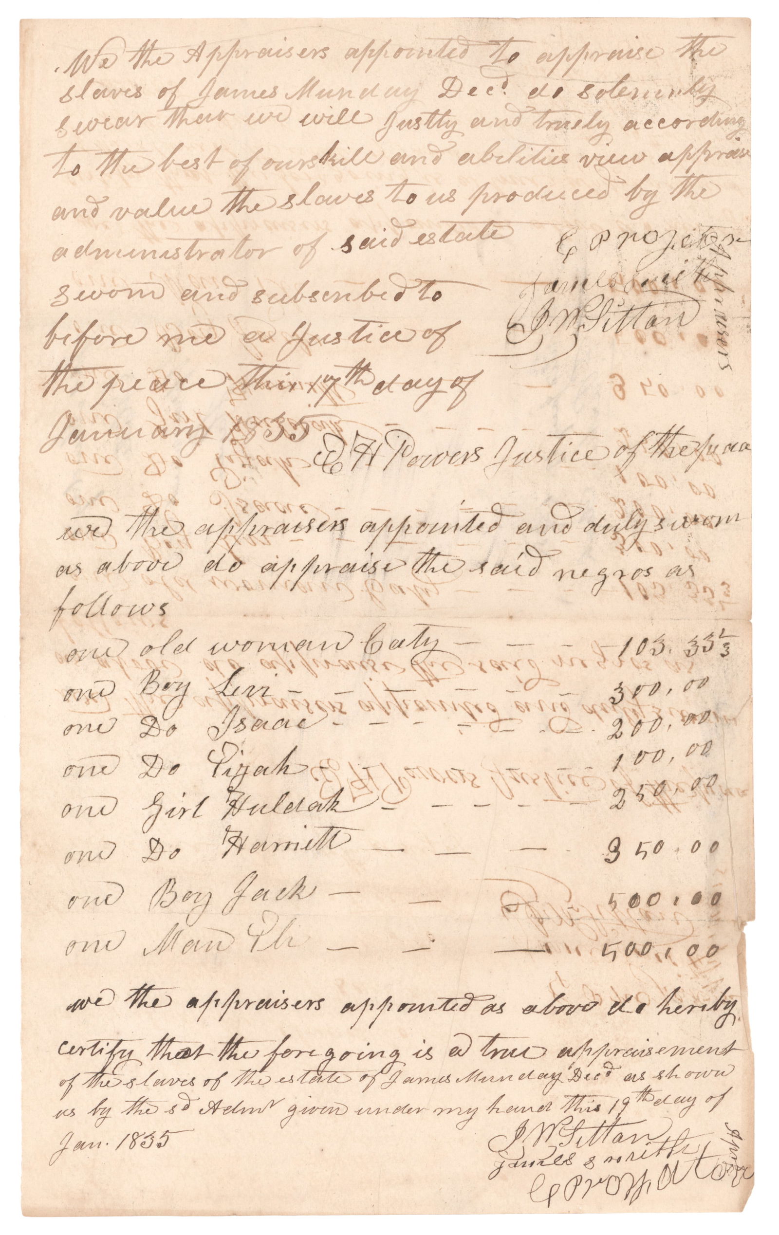 APPRAISAL OF EIGHT SLAVES: Manuscript D.S. 2pp. legal folio, Madison County, MO, Jan. 19, 1835. An appraisal of eight slaves: ‘…old woman Caty 104.35 1/3, one boy Levi, 300.00, one Do Isaac 200.00, one Do Pijah