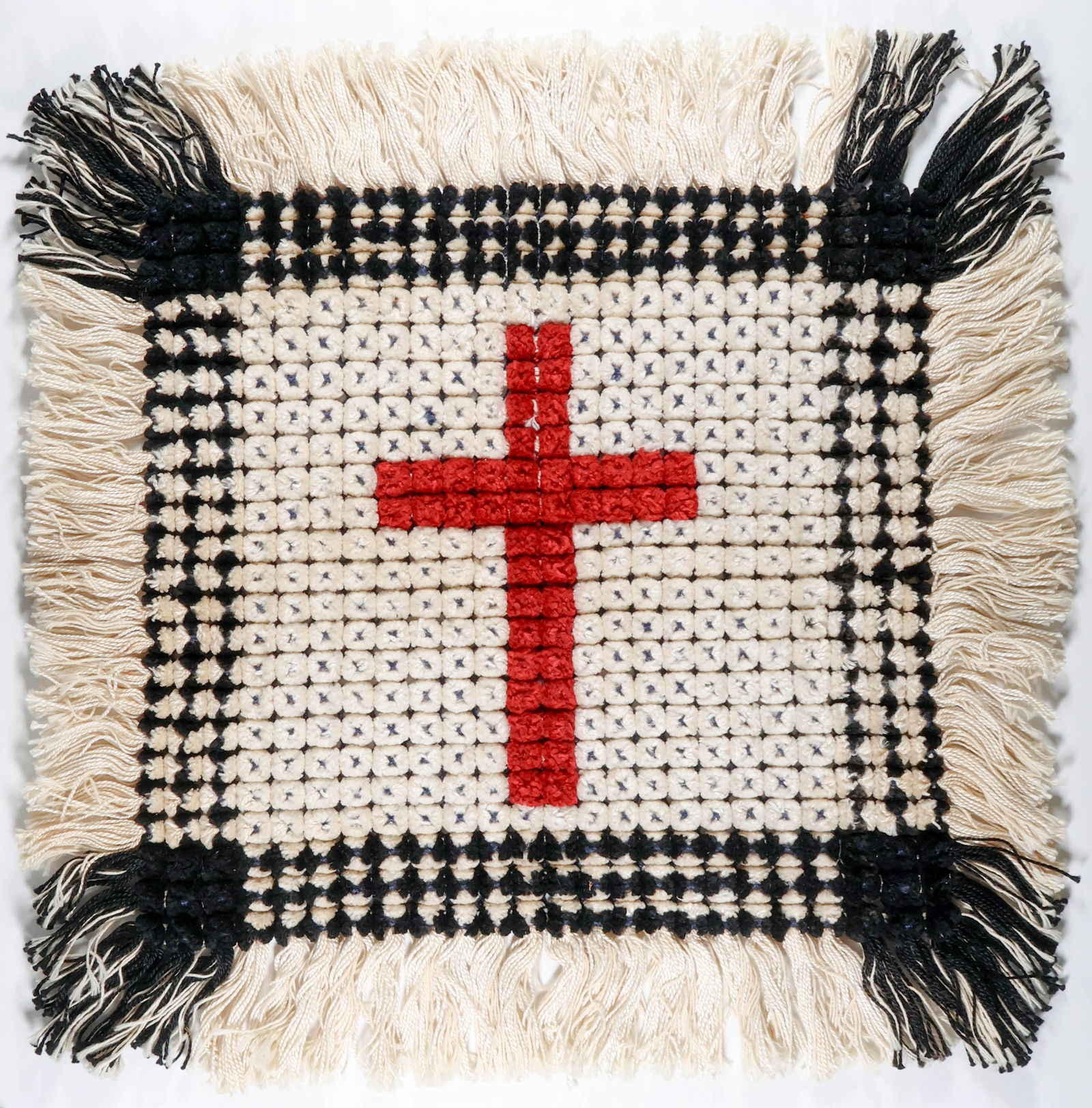 1920S KU KLUX KLAN PILLOW SHAM: Rare ca. 1920s hand-sewn Ku Klux Klan pillow sham, a very well accomplished 20 x 20 in. cotton creation with fringes all about, black and white borders, and a 'fiery cross' (a common Klan emblem) set