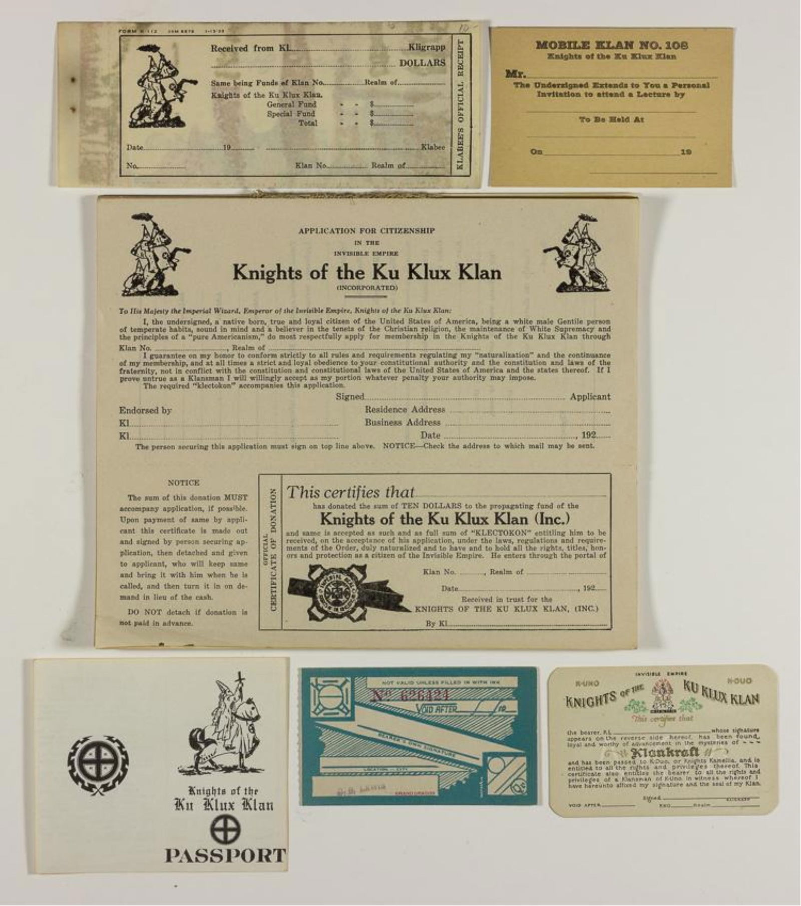 KU KLUX KLAN DOCUMENT BLANKS: Large lot of approx. 15 blank documents of various dimensions, most apparently utilized by the Ku Klux Klan during its heyday in the 1920''s, with several more recent. The documents presented here inc