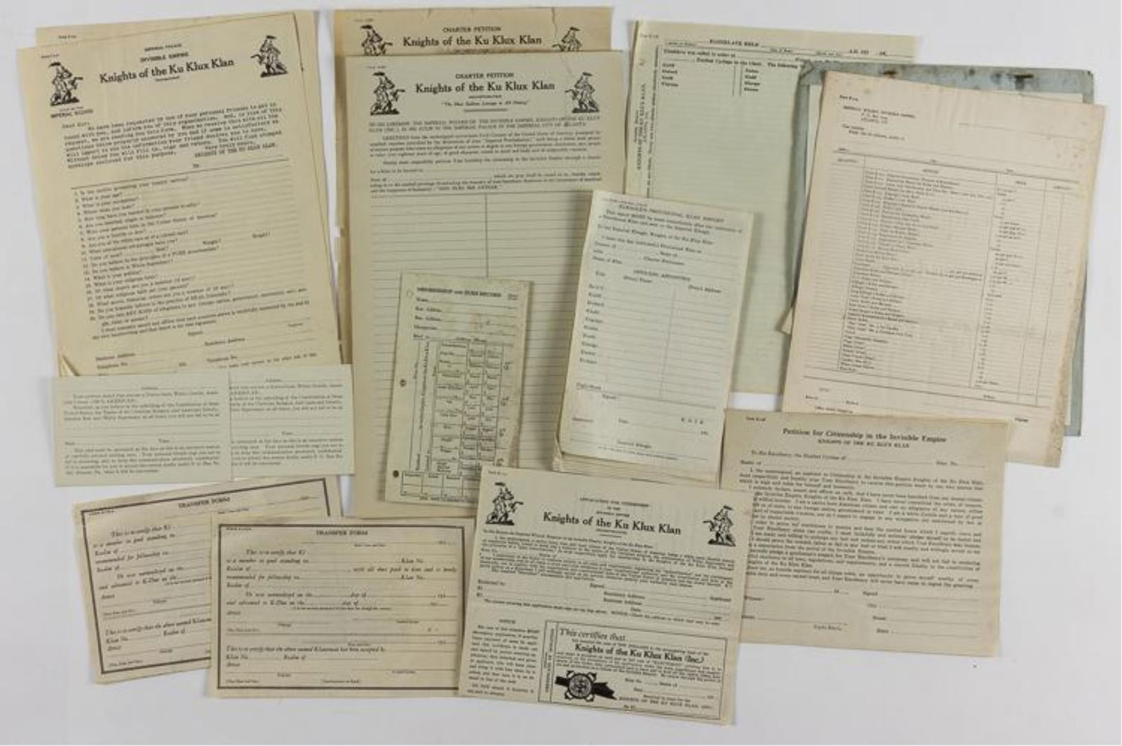 KU KLUX KLAN FORMS: Large quantity of blank forms from the Altoona, Pa. chapter of the Knights of the Ku Klux Klan, ca. early 1920s, includes (approx.): "Kleagle''s Provisional Klan Report" (30); "Membership and Dues Rec