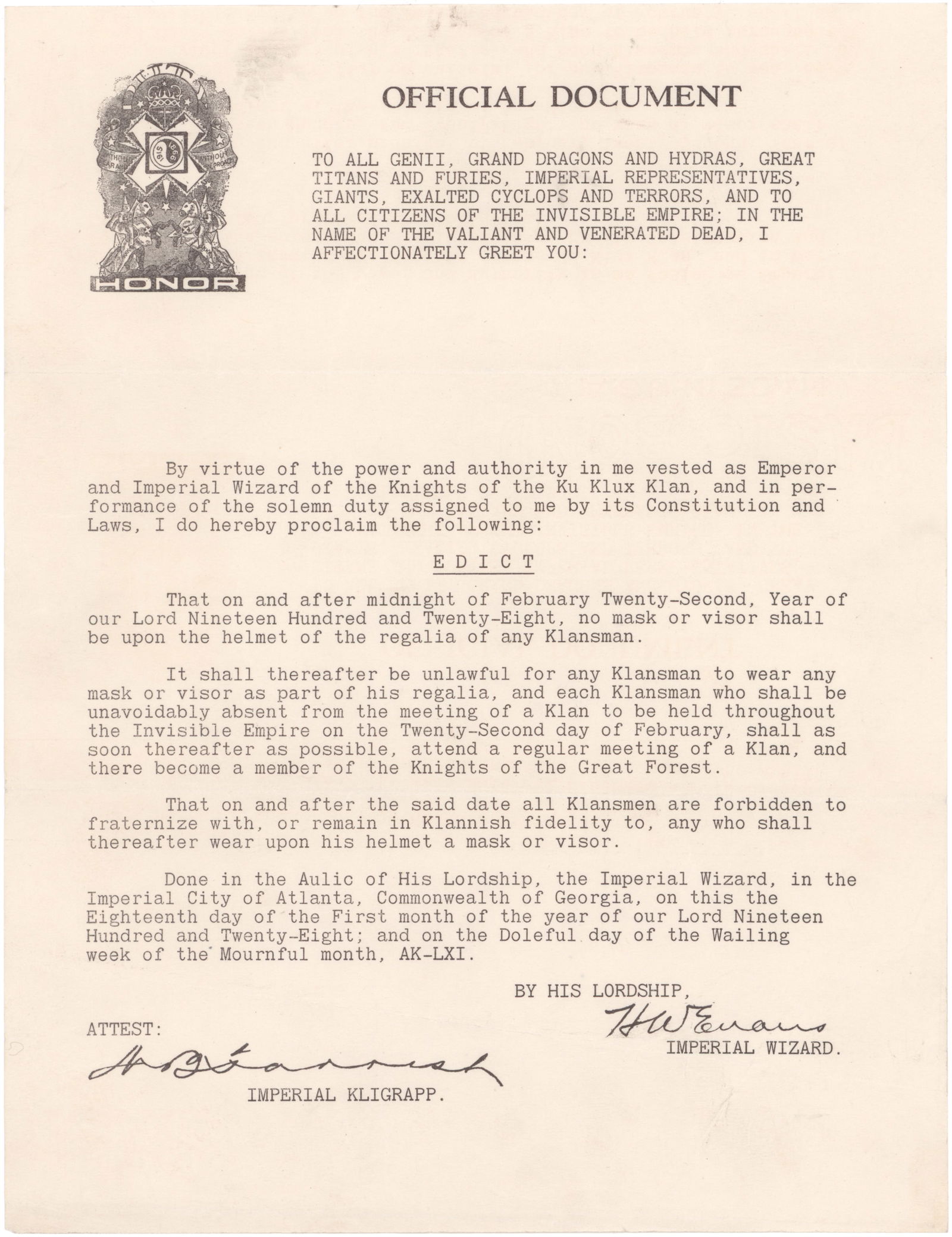 THE IMPERIAL WIZARD BANS KLAN FACE COVERINGS: A rare and important 'Official Edict' issued by HIRAM W. EVANS (1881-1966), Imperial Wizard of the Knights of the Ku Klux Klan, on official letterhead, 1p. 4to., Atlanta, Feb. 22, 1928. In an effort