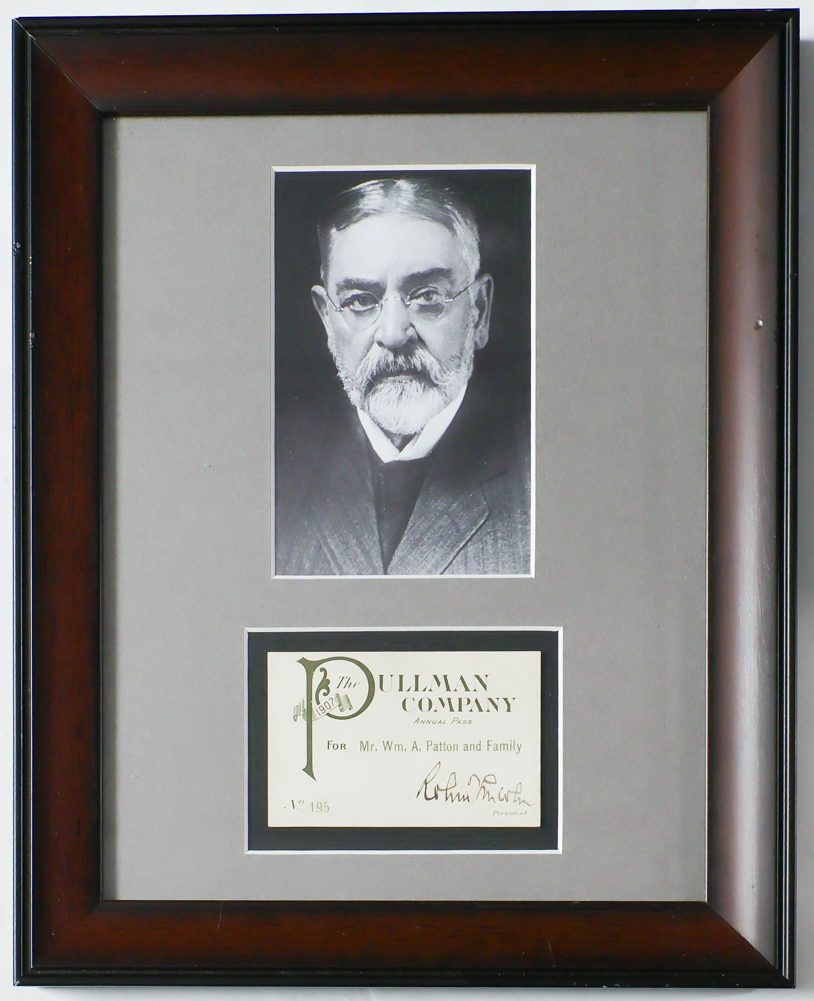 ROBERT TODD LINCOLN: (1843 - 1926) American lawyer and son of Abraham Lincoln, served with Grant and was Secretary of War. Partly-printed D.S., 1p. 3.75 x 2.5 in., Chicago, 1907, a Pullman Company pass issued to 'William