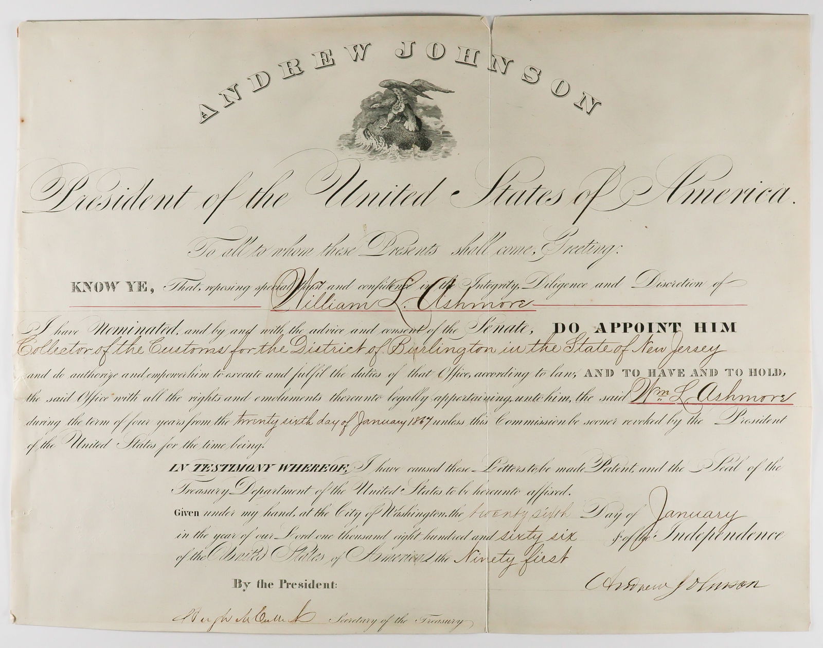 ANDREW JOHNSON: (1808-1875) Seventeenth President of the United States following the death of Abraham Lincoln. His Reconstruction policies led to his impeachment by Congress. Partly-printed D.S. as President, 1p. 15.