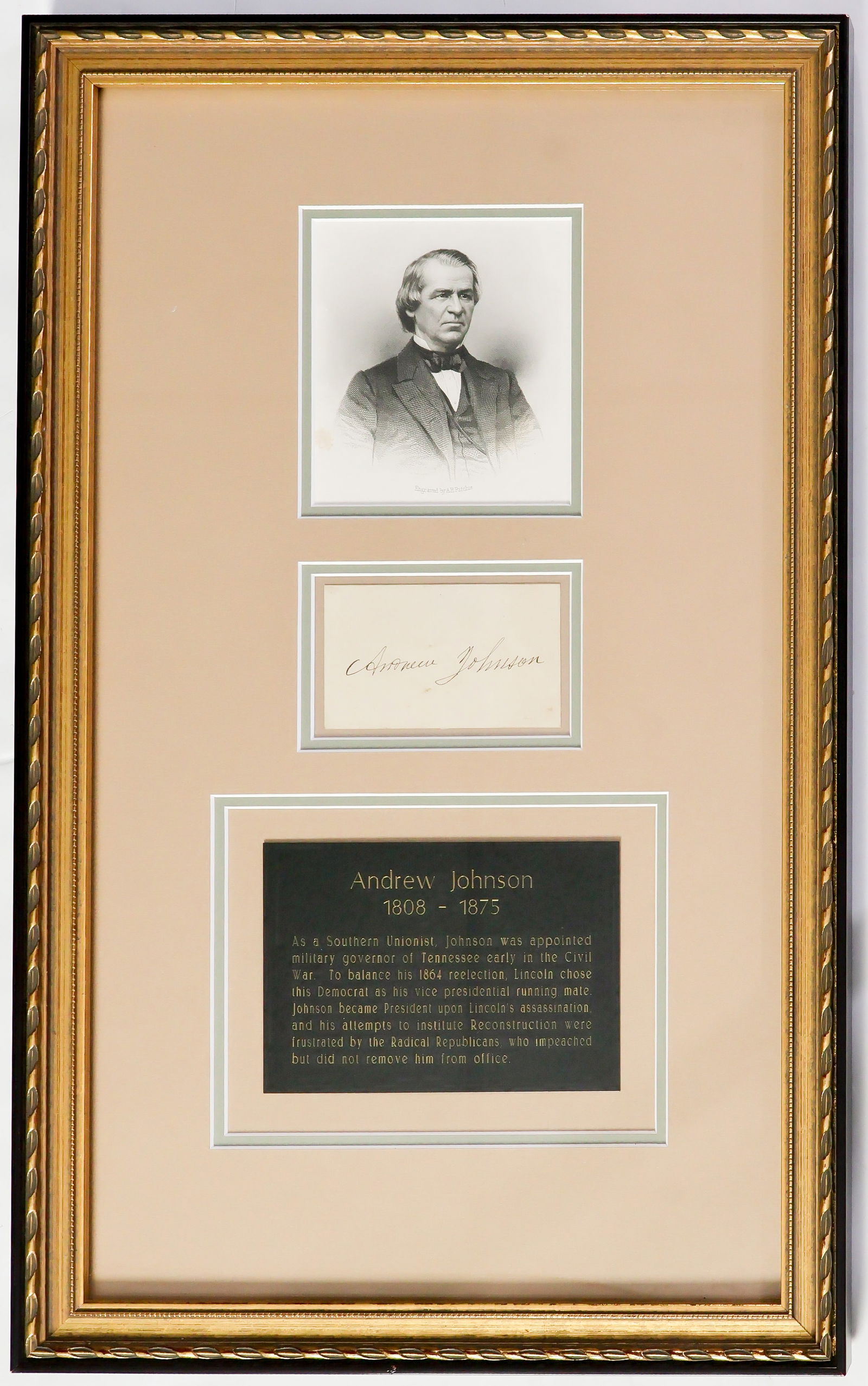 ANDREW JOHNSON: (1808-1875) Seventeenth President of the United States following the death of Abraham Lincoln. His Reconstruction policies led to his impeachment by Congress. Sharp and crisp full signature on a