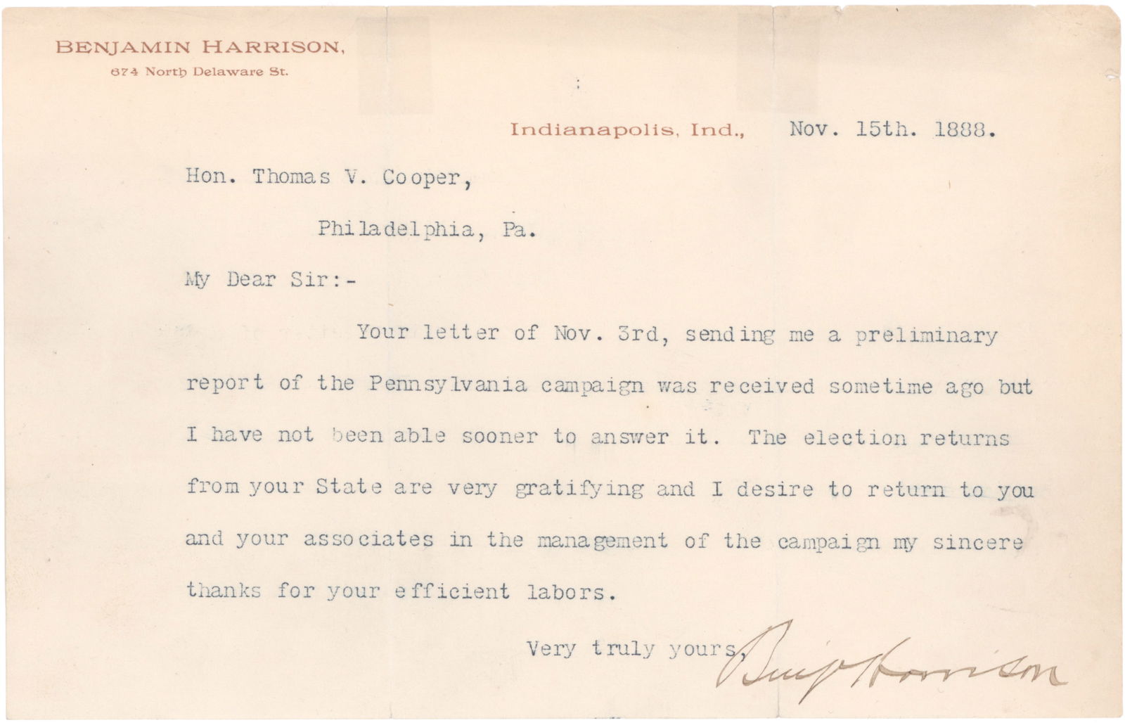 BENJAMIN HARRISON: (1833 - 1901) 23rd President of the United States. Good content and association T.L.S. as president-elect on his personal letterhead, 1p. oblong 8vo., Indianapolis, Nov. 15, 1888 to powerful Pennsylva