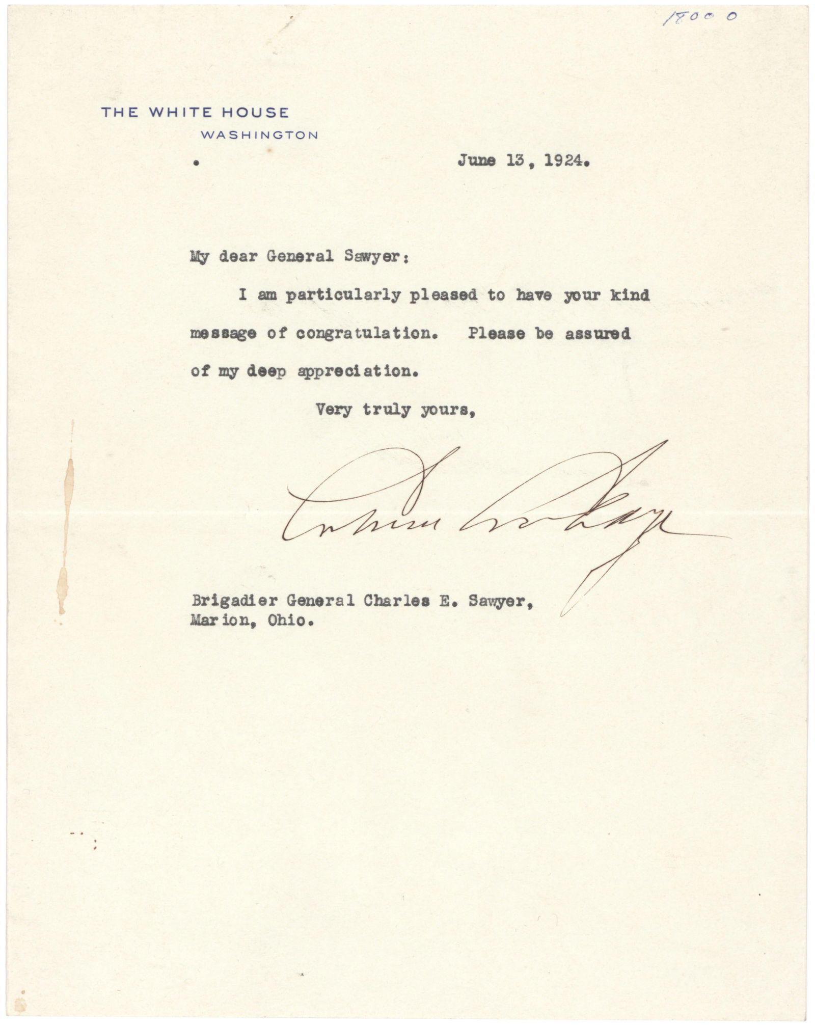 CALVIN COOLIDGE: (1872 - 1933) Thirtieth President of the United States who succeeded to the presidency upon the death of Harding. T.L.S. as President on official letterhead, 1p. 4to., Washington, June 13, 1924 to Gen