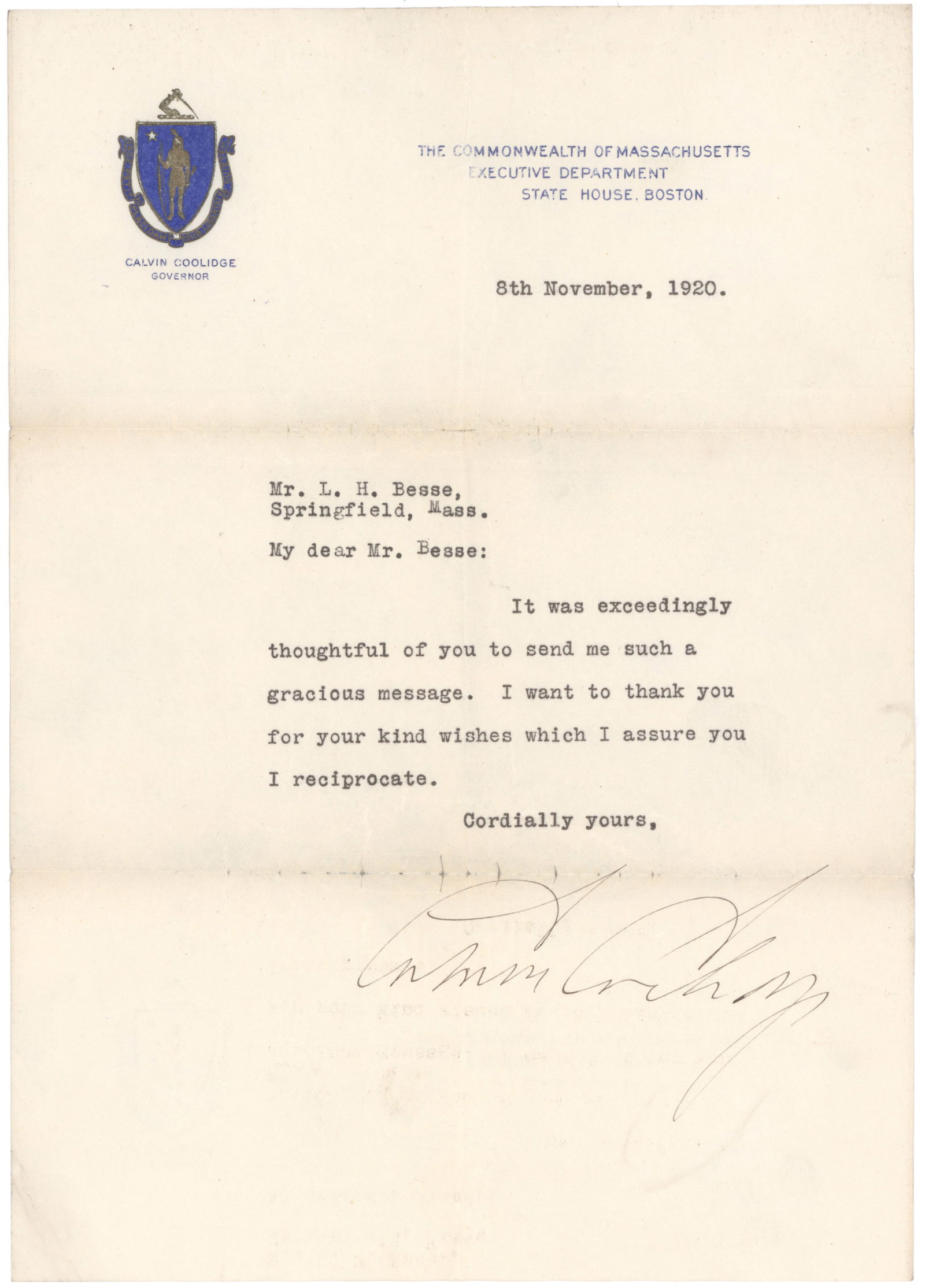CALVIN COOLIDGE: (1872 - 1933) Thirtieth President of the United States who succeeded to the presidency upon the death of Harding. Nice content T.L.S. on his Massachusetts governor's letterhead, 1p. 4to., Boston, Nov.