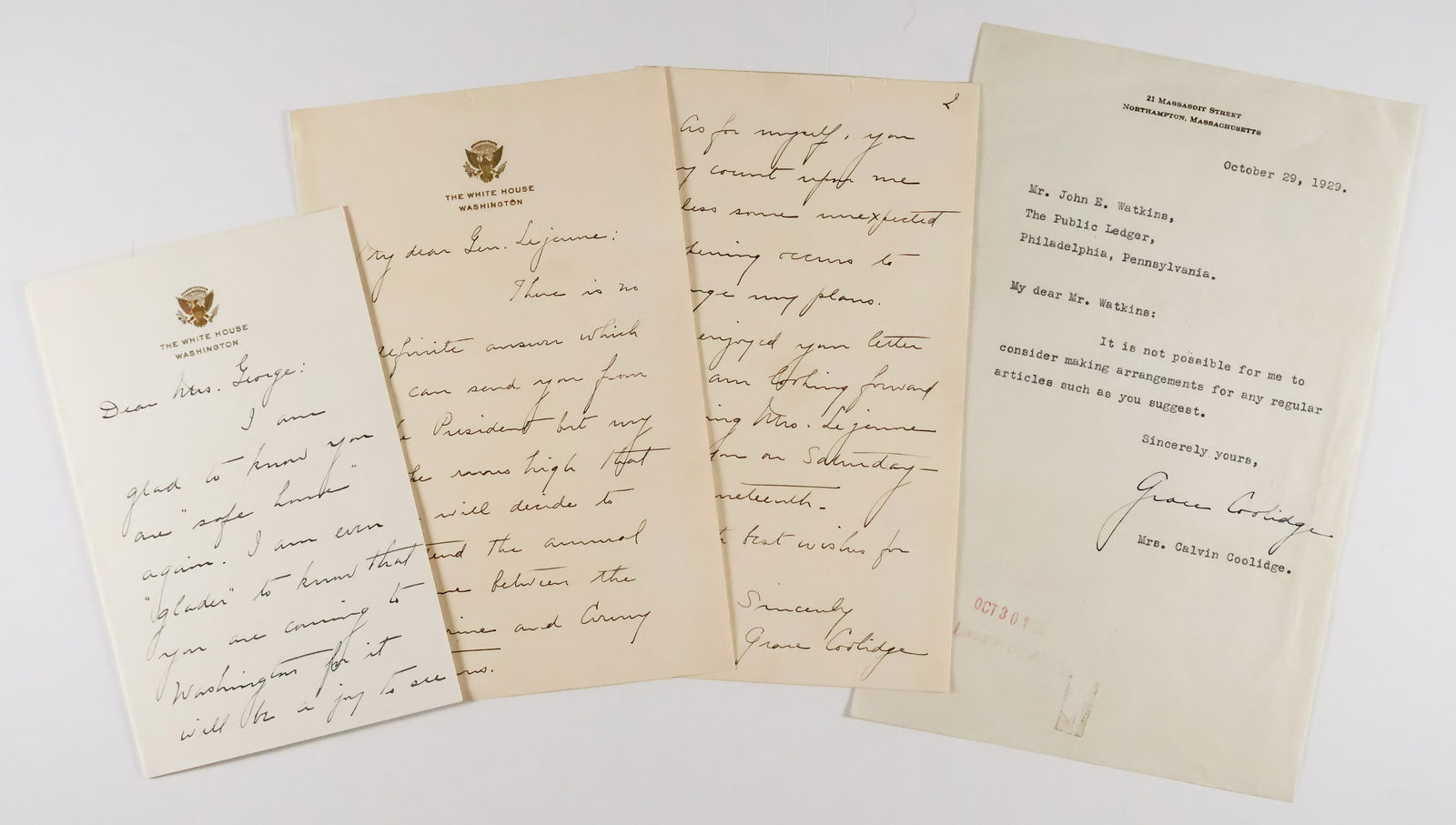 GRACE COOLIDGE (3): (1879 - 1957) First Lady of the United States from 1923 until 1929, notable for her advancement of popular causes such as the Red Cross, and for her work with deaf children. A lot of three items,