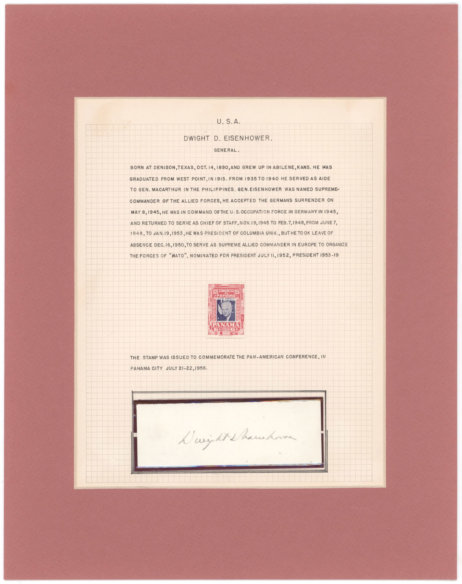 DWIGHT D. EISENHOWER: (1890 - 1969) 34th President of the United States, Supreme Commander of Allied forces in Europe during World War II and largely responsible for the successful invasion on D-Day. Bold signature on a