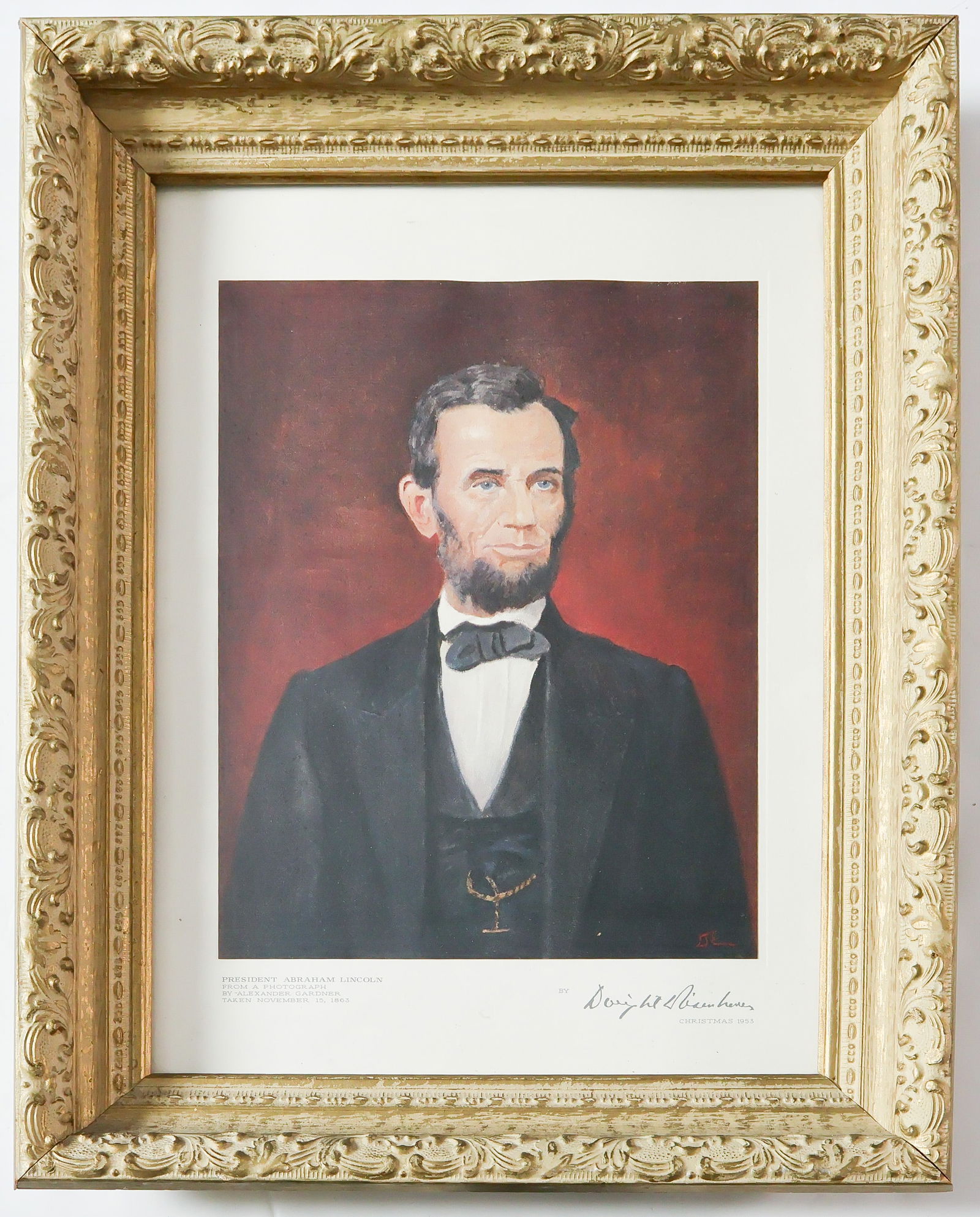 EISENHOWER CHRISTMAS GIFT PORTRAIT TO WHITE HOUSE STAFF: President Eisenhower’s limited edition 1953 Hallmark presidential White House staff gift Christmas print, 11.5 x 15.5 in., a color 9.25 x 12 reproduction of Eisenhower’s painting of