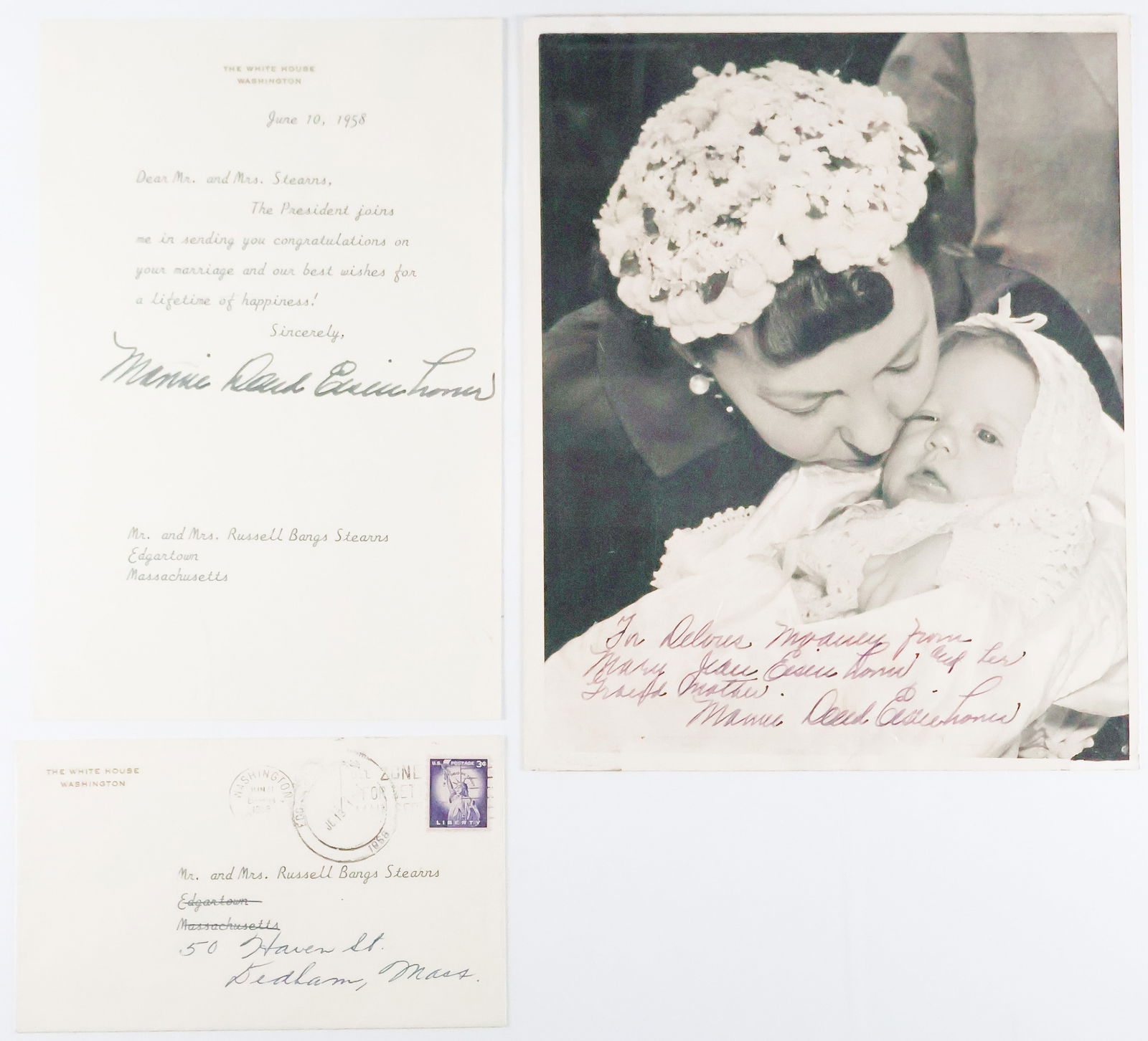MAMIE DOUD EISENHOWER (2): (1896 - 1979) First Lady, wife of Dwight D. Eisenhower, 34th President of the United States. A pair of signed items as First Lady. Includes: a T.L.S., 1p. 8vo., Washington, June 10, 1958 as first