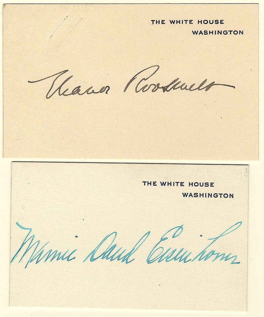 FIRST LADIES: A pair of signatures on White House cards, the first ELEANOR ROOSEVELT, with a second by MAMIE DOUD EISENHOWER. Eisenhower’s bears one tape remnant at verso, else both are very good.
