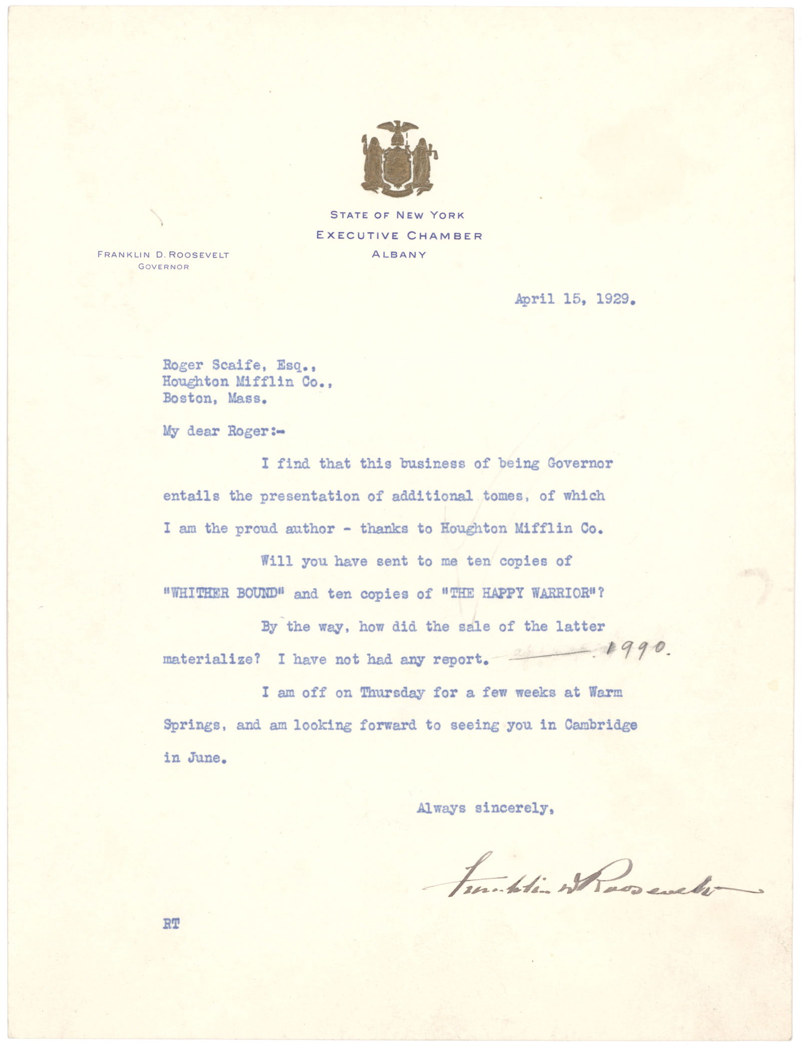 FRANKLIN D. ROOSEVELT: (1882 - 1945) Thirty-second President of the United States who instituted the 'New Deal' programs and who led the United States through most of World War II. Great content T.L.S. as Governor of New Yo