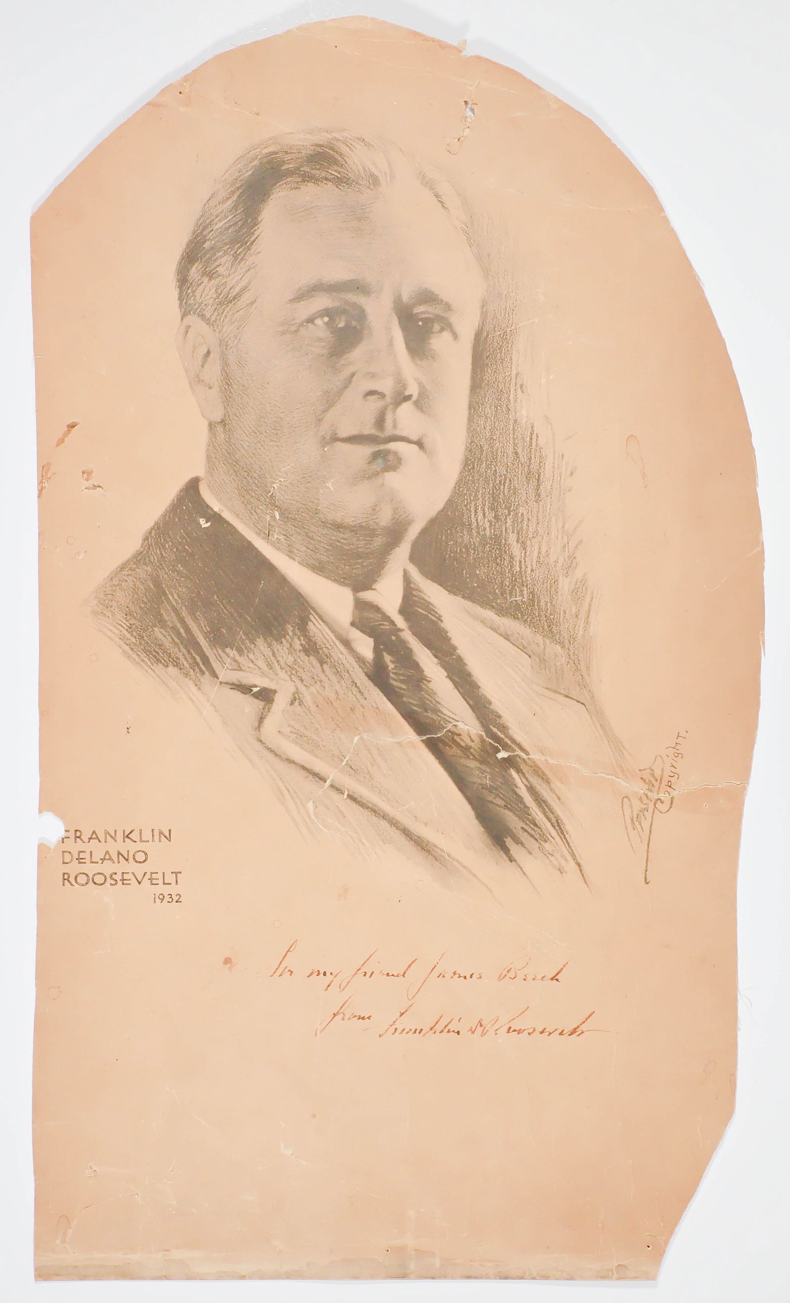 FRANKLIN D. ROOSEVELT: (1882 - 1945) Thirty-second President of the United States who instituted the ‘New Deal’ programs and who led the United States through most of World War II. Section of a 1932 Roosevelt