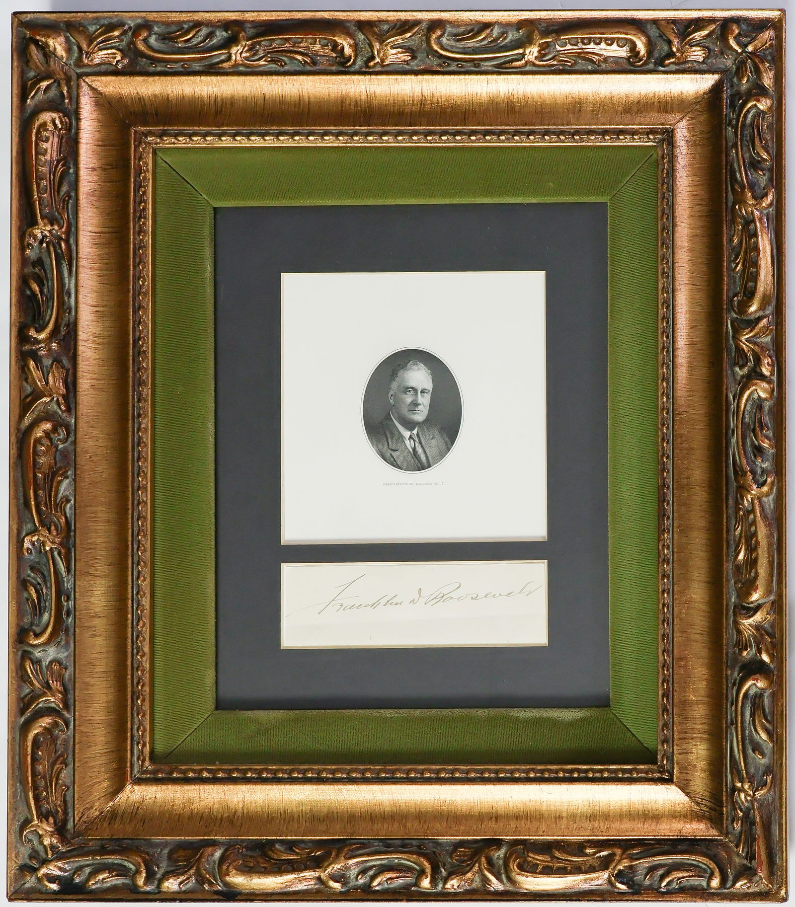 FRANKLIN D. ROOSEVELT: (1882 - 1945) Thirty-second President of the United States who instituted the 'New Deal' programs and who led the United States through most of World War II. Large and bold full signature on a 5 x