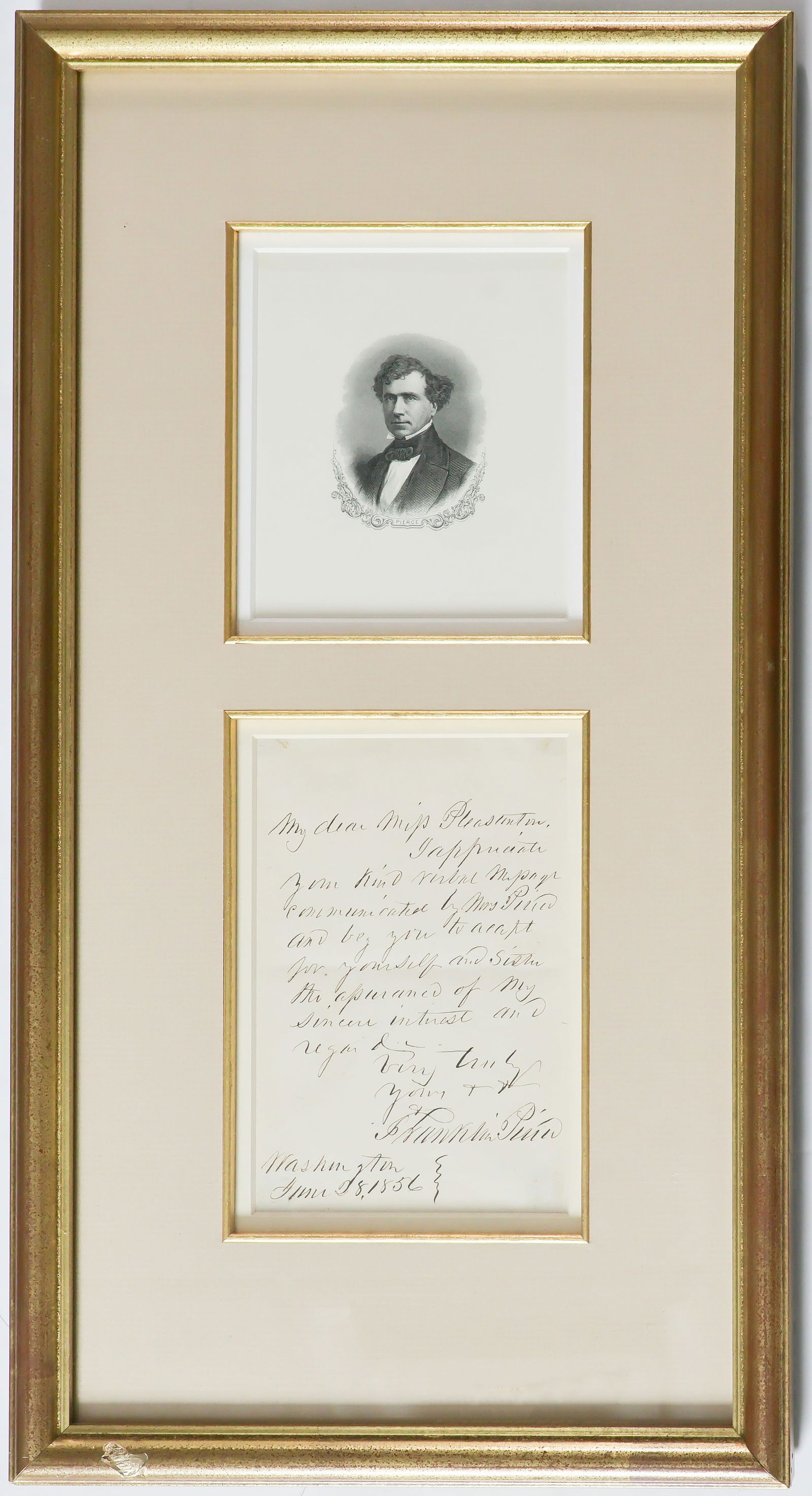 FRANKLIN PIERCE: (1804-1869) Fourteenth President of the United States who initiated the Gadsden Purchase, opening up the Northwest for settlement. A.L.S. as President, 1p. 8vo., Washington, June 28, 1856 to a 'Miss