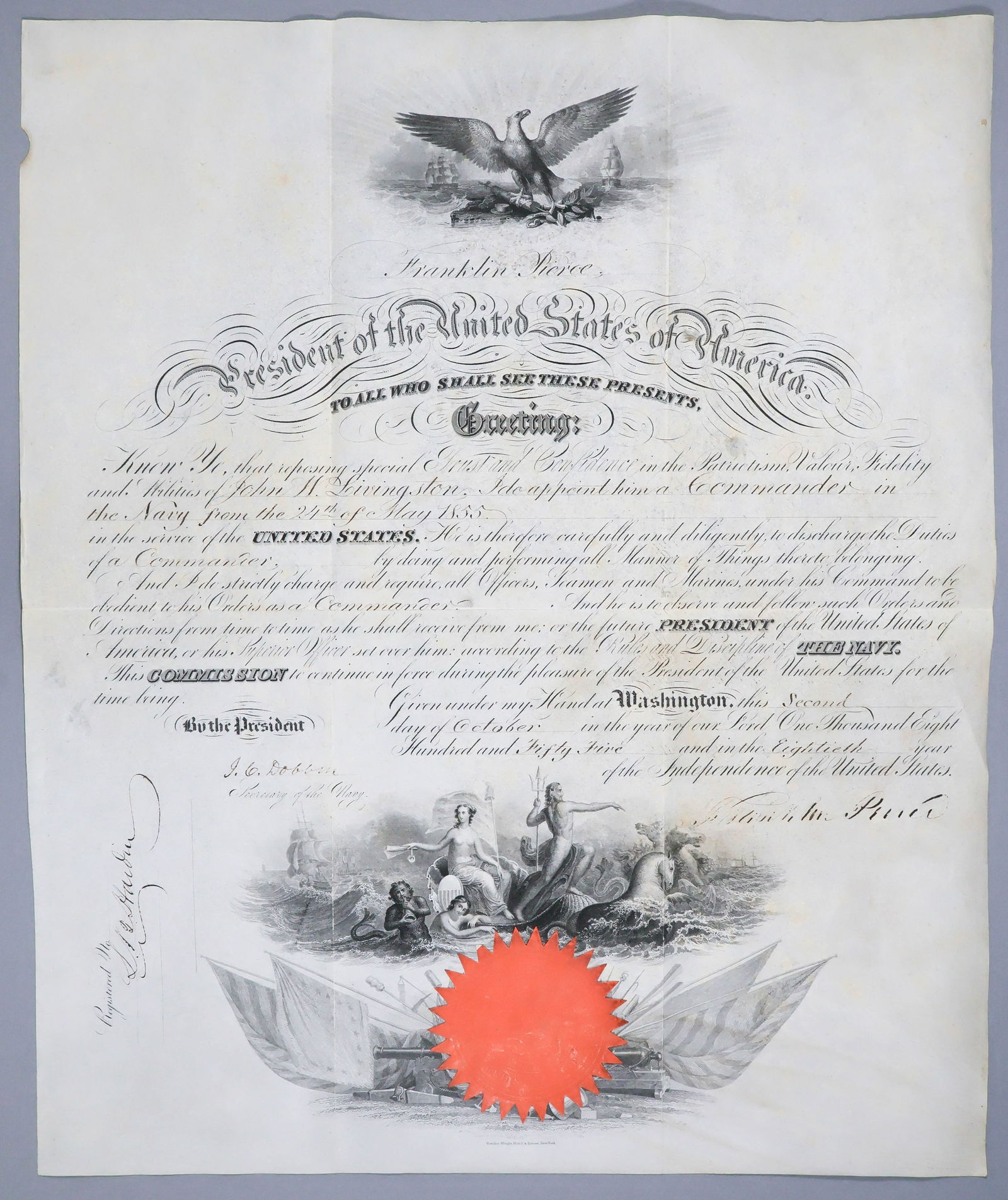 FRANKLIN PIERCE: (1804 - 1869) Fourteenth President of the United States who initiated the Gadsden Purchase, opening up the Northwest for settlement. Partly-printed D.S. as President, 1p. folio parchment, Washington,