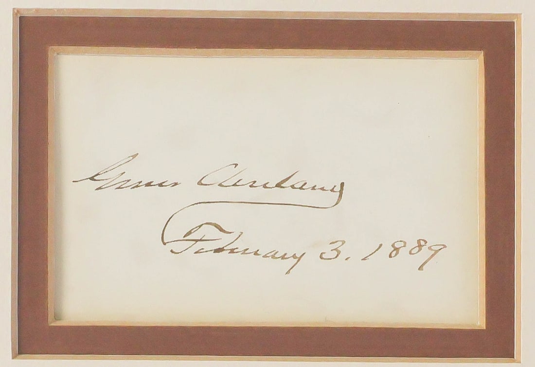 GROVER CLEVELAND: (1837 - 1908) 22nd and 24th President of the United States, supported civil service and fiscal reform. Signature as president on a card and adding date 'February 3, 1889' during his first term.