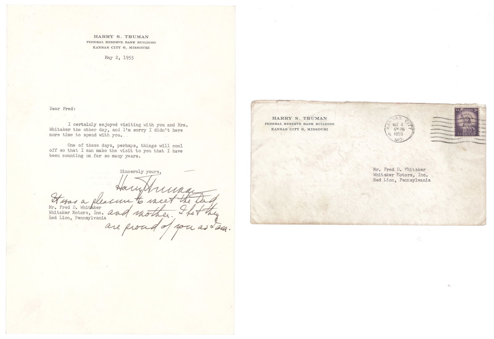 HARRY S. TRUMAN: (1884 - 1972) 33rd President of the United States who led the country in the closing days of World War II and through the rebuilding of Europe under the Marshall Plan and the Korean War. T.L.S. on his