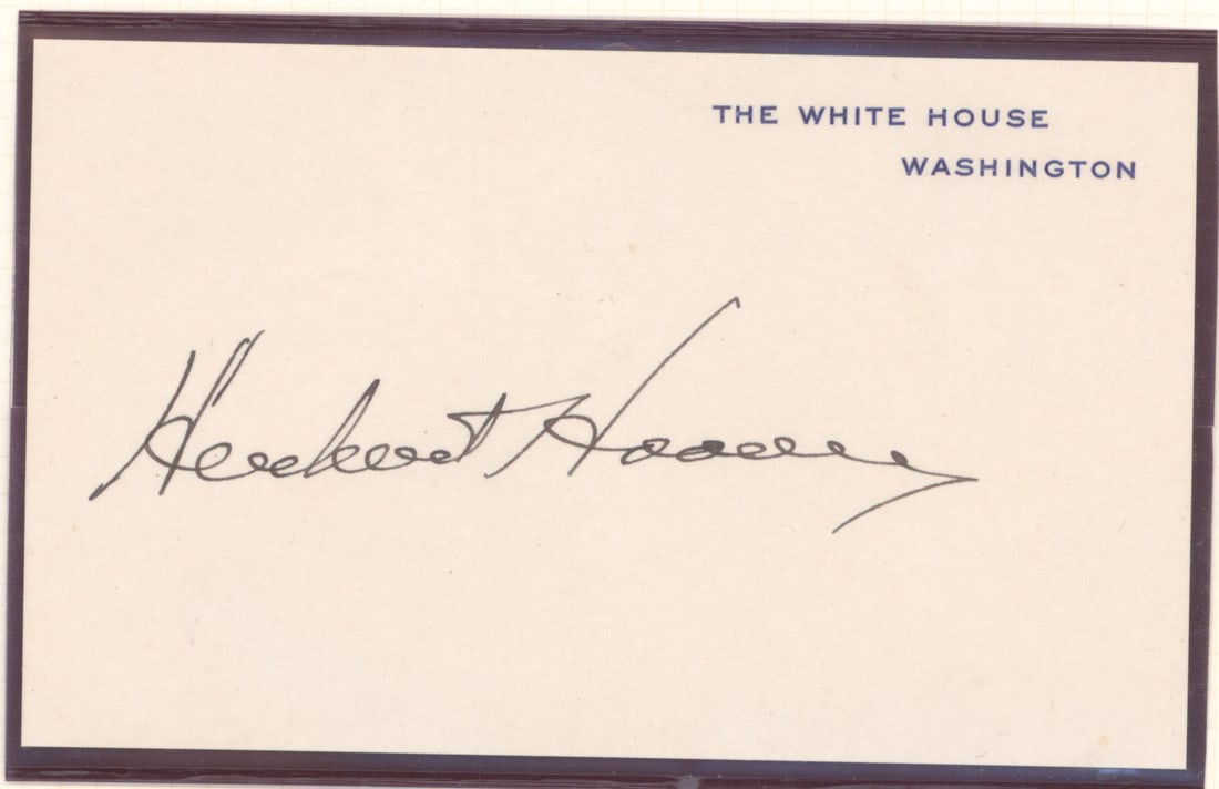 HERBERT HOOVER: (1874 - 1964) 31st President of the United States whose attempts to reverse the course of the Great Depression led to his defeat at the polls by Franklin D. Roosevelt. Bold, full signature as