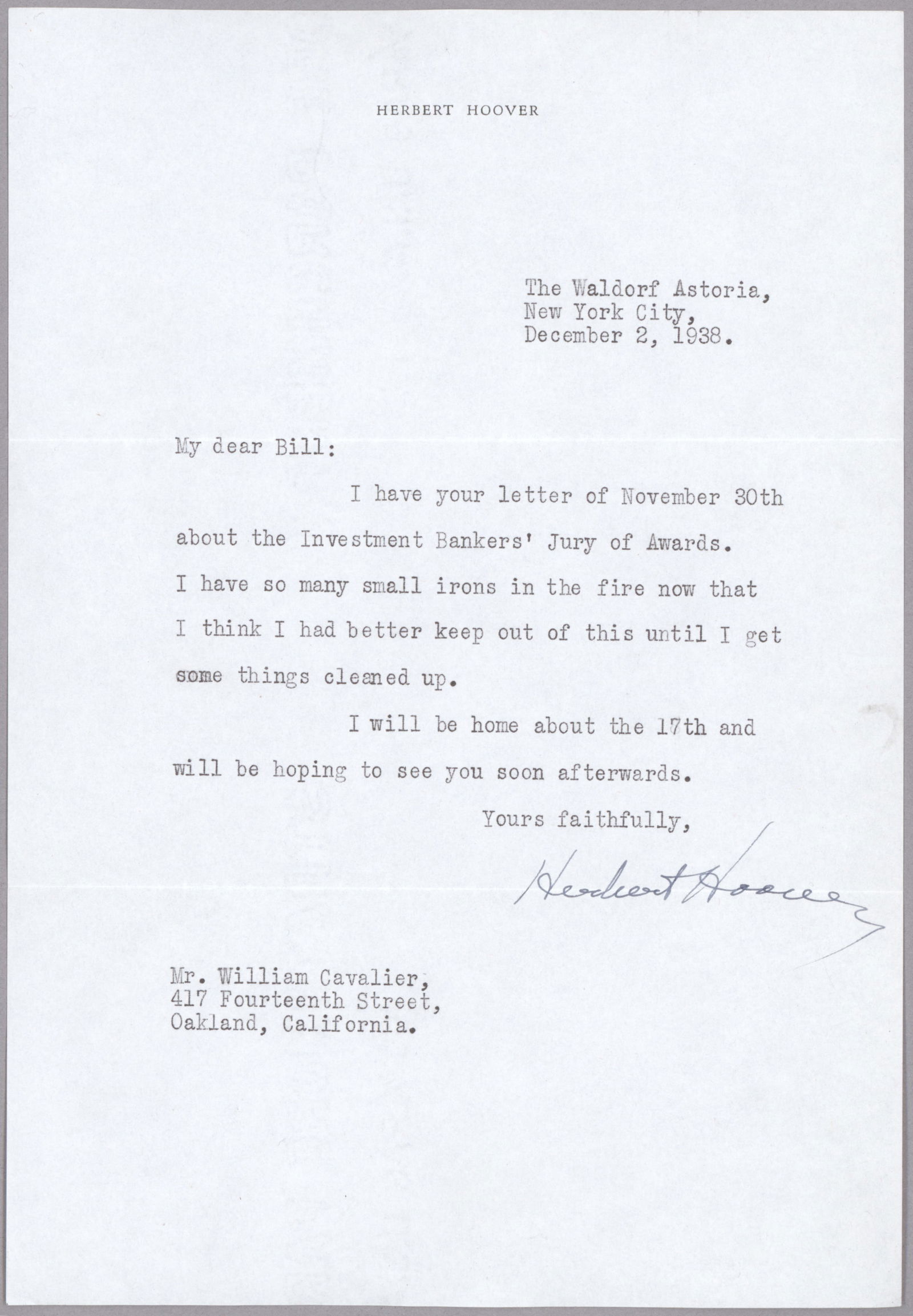 HERBERT HOOVER: (1874 - 1964) 31st President of the United States whose attempts to reverse the course of the Great Depression led to his defeat at the polls by Franklin D. Roosevelt. T.L.S. on his personal