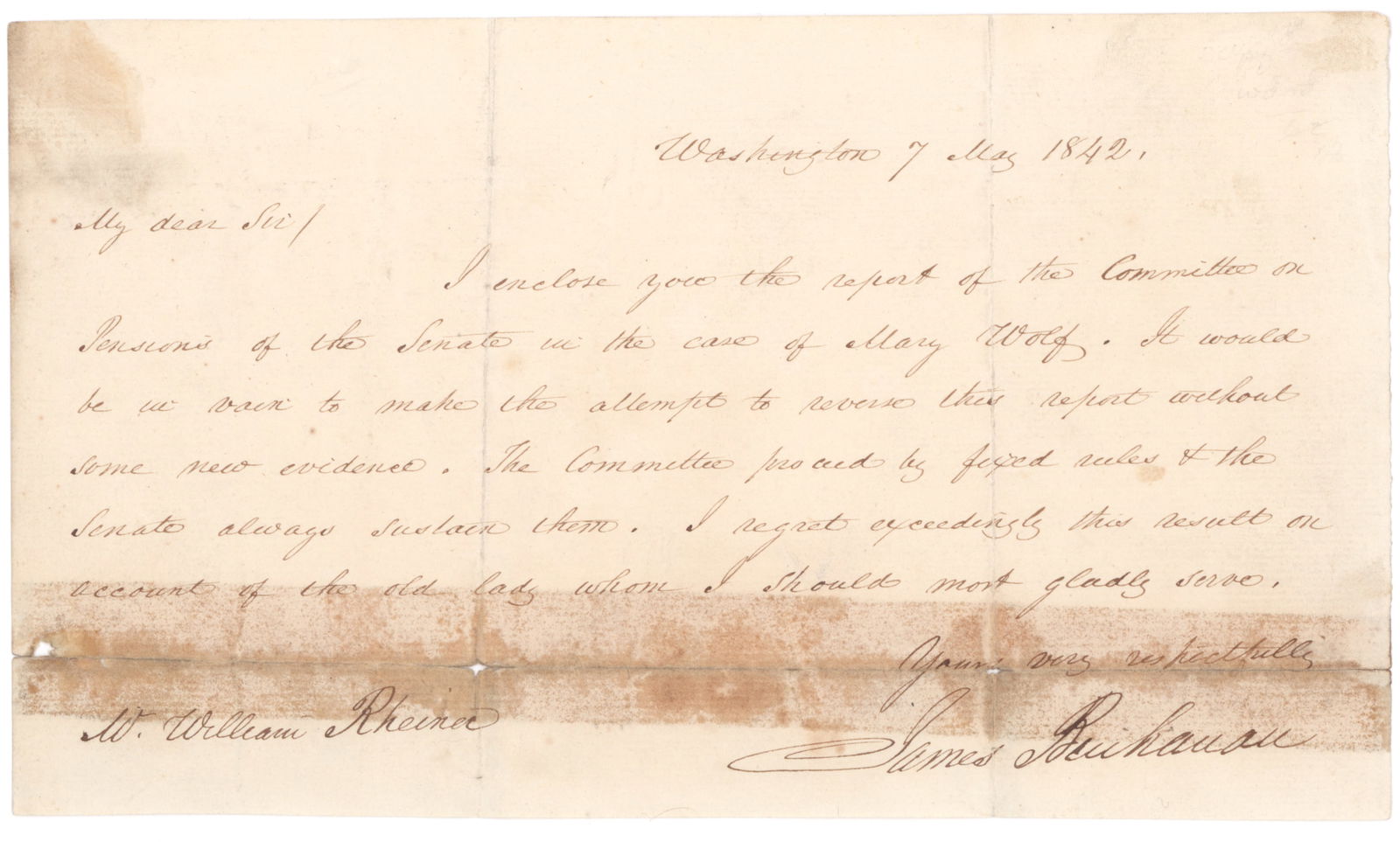 JAMES BUCHANAN: (1791 - 1868) Fifteenth President of the United States whose hands-off attitude toward states rights directly contributed to the start of the Civil War. A.L.S. 1p. 12mo., Washington, May 7, 1842 to