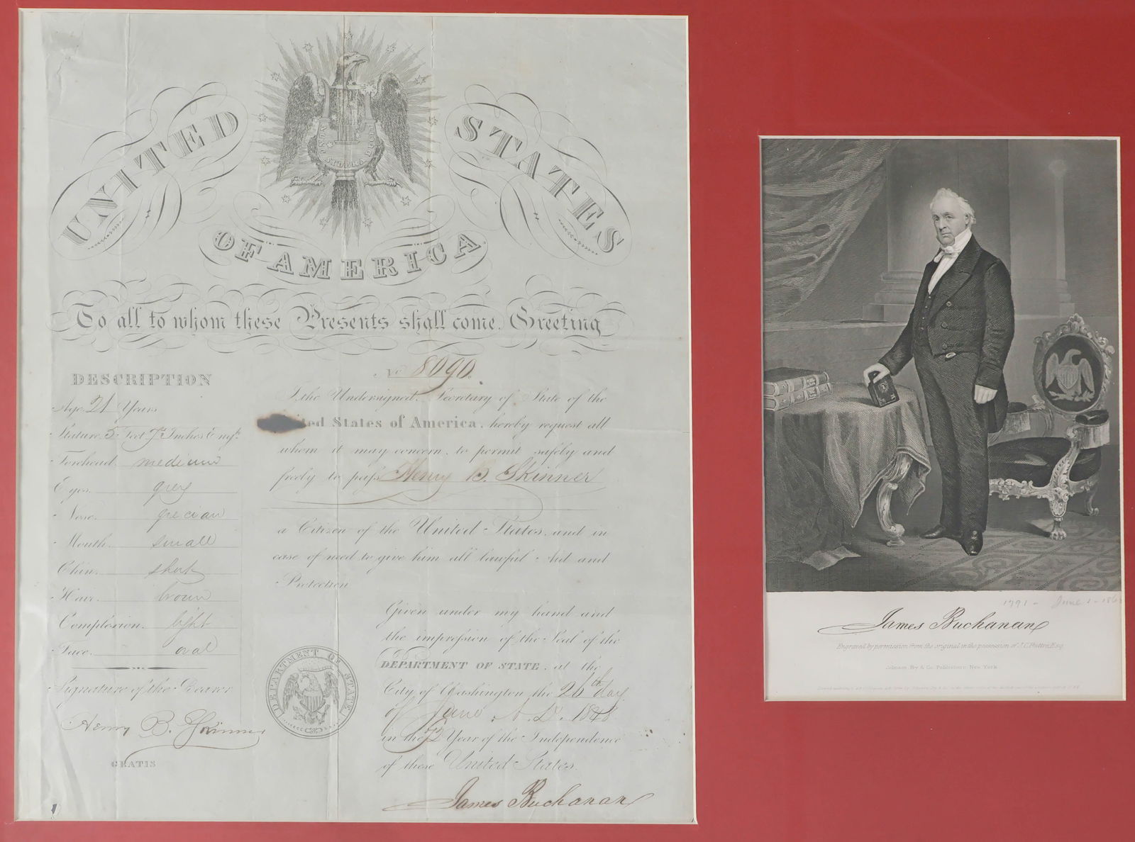 JAMES BUCHANAN: (1791 - 1868) Fifteenth President of the United States whose hands-off attitude toward states' rights directly contributed to the start of the Civil War. Scarce partly-printed D.S. as Secretary of