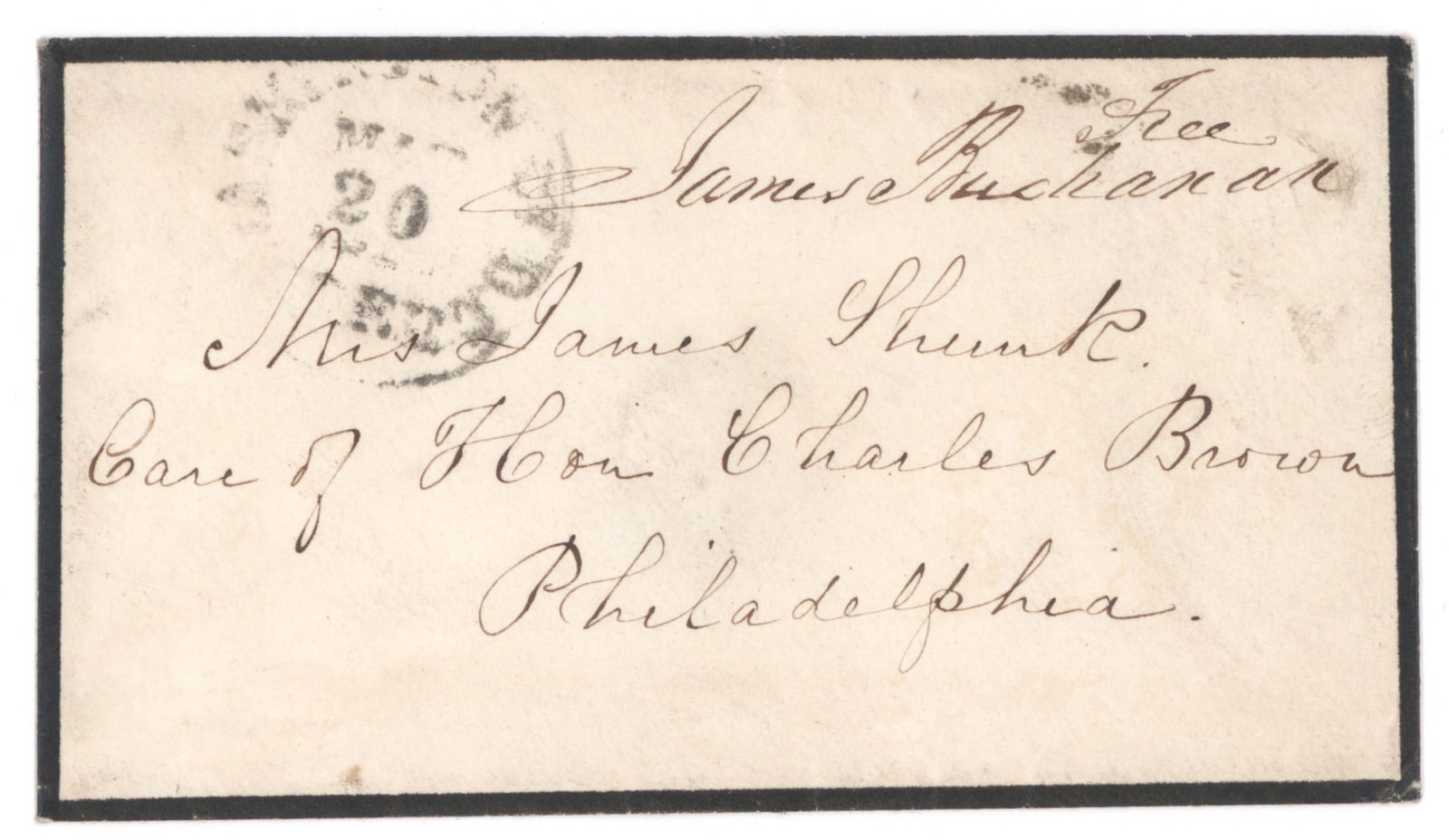 JAMES BUCHANAN: (1791 - 1868) Fifteenth President of the United States whose hands-off attitude toward states' rights directly contributed to the start of the Civil War. Fine free frank signature at top right of a