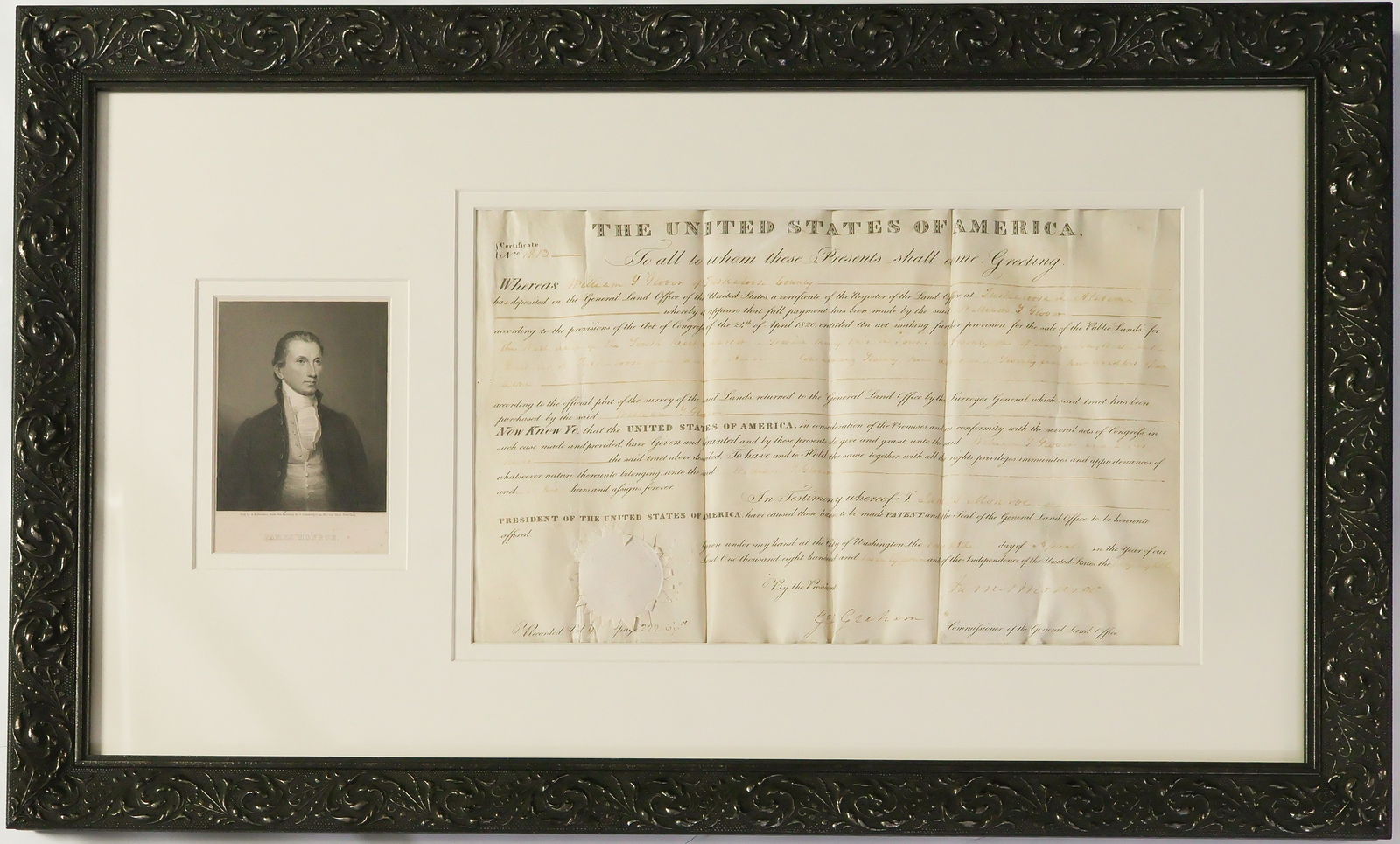 JAMES MONROE: (1758 - 1831) Fifth President of the United States who negotiated the Louisiana Purchase and promulgated the Monroe Doctrine. Partly-printed D.S. as president, 1p. sm. folio parchment, Washington.