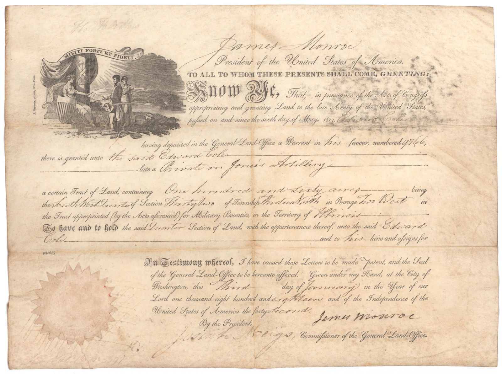 JAMES MONROE: (1758 - 1831) Fifth President of the United States who negotiated the Louisiana Purchase and promulgated the Monroe Doctrine. Partly-printed D.S. as President, 1p. oblong folio parchment, Washington,