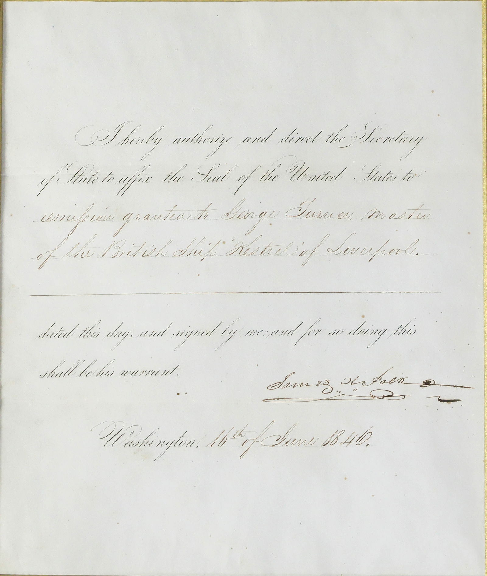 JAMES K. POLK: (1795 - 1849) Eleventh President of the United States who led the country during the Mexican-American War, and secured the territories of Oregon and Washington. Partly-printed D.S. as president, 1p.