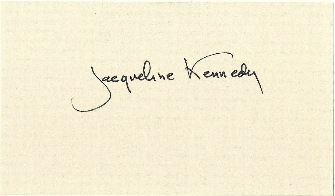 JACQUELINE KENNEDY: (1929 - 1994) First Lady and wife of John F. Kennedy, 35th President of the United States. Bold signature accomplished on a 5.5 x 3.25 in. sheet. Fine.