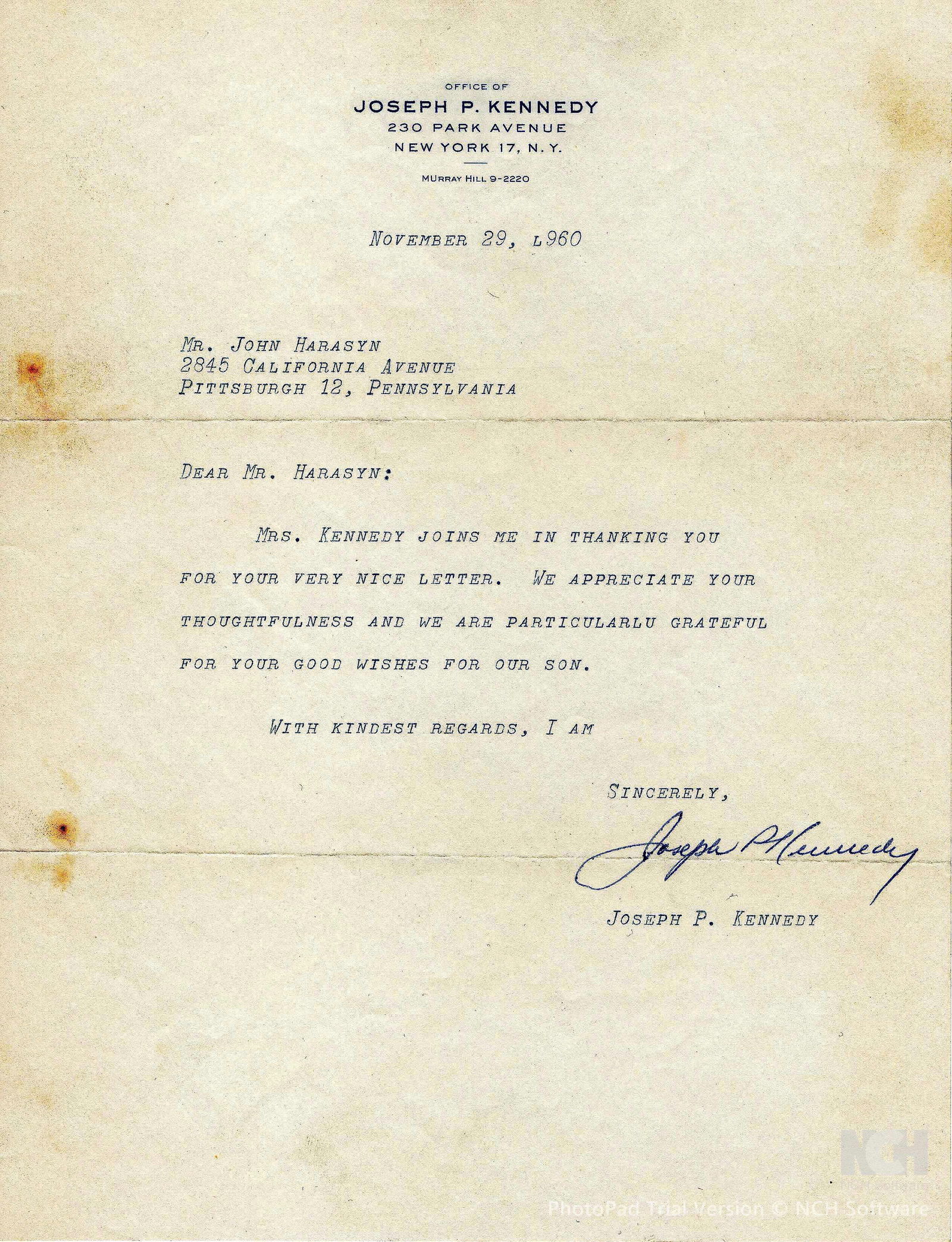 JOSEPH P. KENNEDY: (1888 - 1969) American businessman and diplomat, father of President John F. Kennedy and his politician brothers Robert and Theodore. T.L.S. on his personal letterhead, 1p. 4to., New York, Nov. 29,
