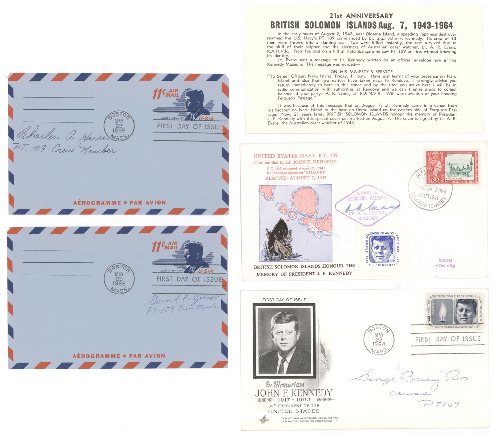 JOHN F. KENNEDY PT-109 GROUP: A group of seven FDCs postmarked 1964-1965 and signed by crewmembers of the ill-fated PT-109 commanded by Kennedy. Includes: MAURICE L. KOWAL, WILLIAM JOHNSTON, GERARD E. ZINSER, ED DREWITCH, CHARLES